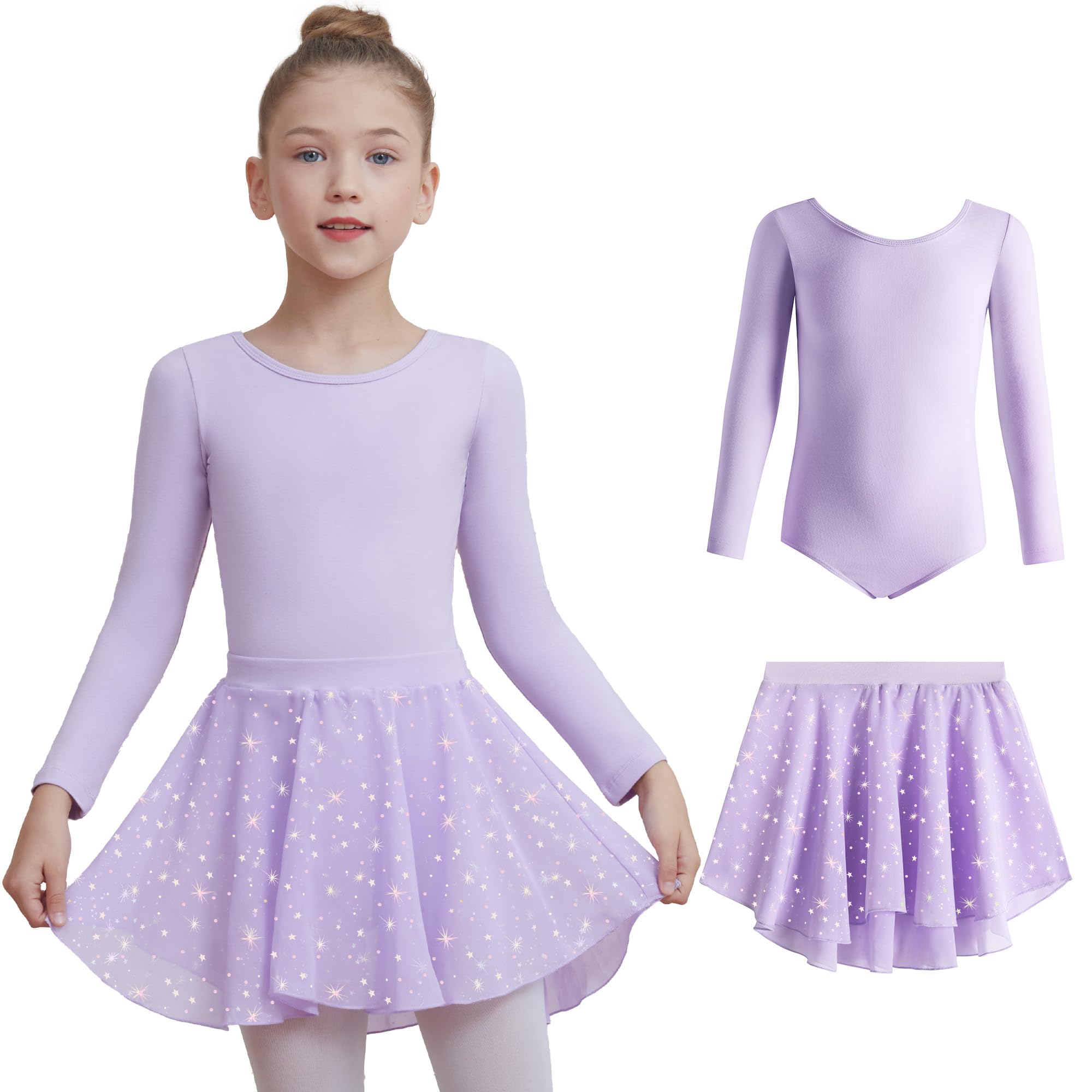 DIPUG Long Sleeve Ballet Leotards for Girls Dance Dress Removable Skirt with Shiny Star