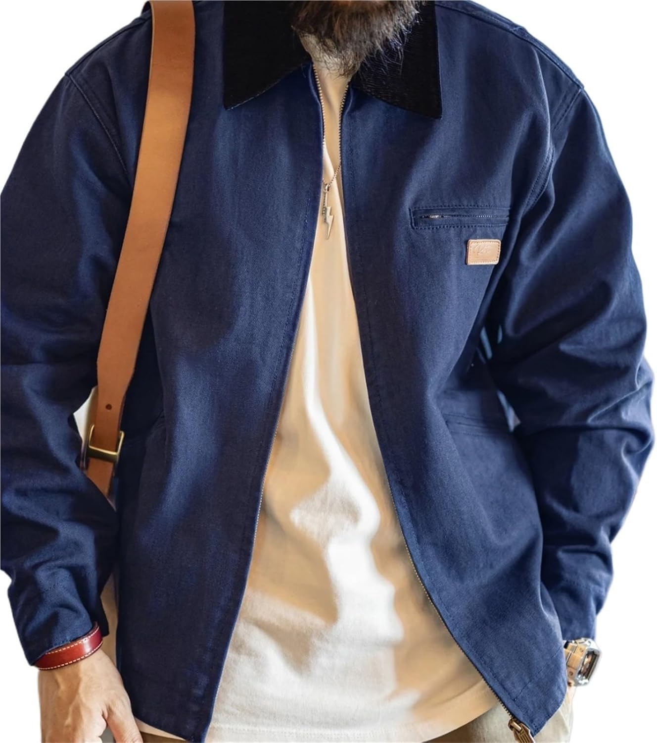 Men's Heavyweight Canvas Work Jacket Lapel Collar Utility Pockets Zip-Up Spring Fall Casual Outerwear