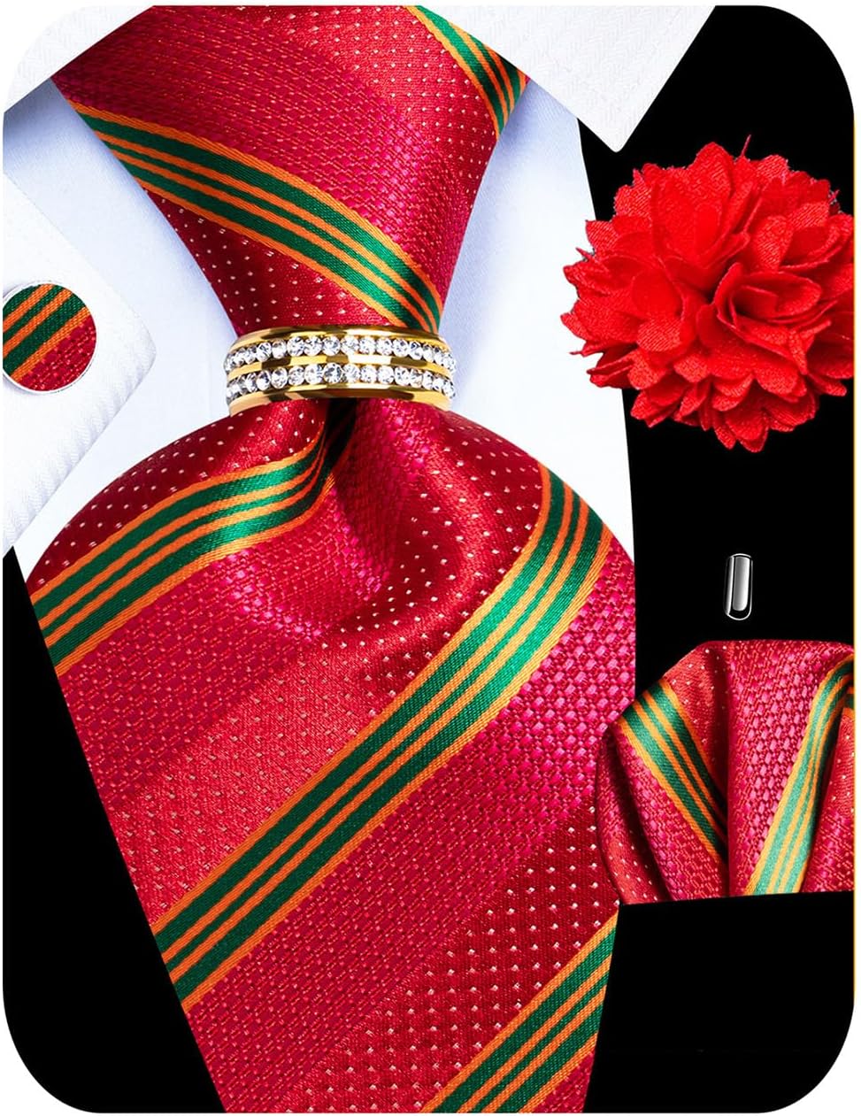5PCS Mens Premium Silk Tie, Pocket Square, Cufflinks, Drilled Tie Ring and Lapel Pin Set for Wedding Groom Party