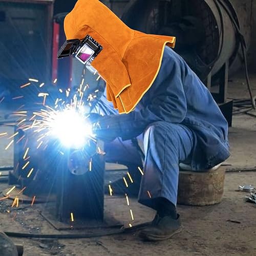 Miniatura 7 de Capucha de soldadura de cuero de vaca con máscara de lente de filtro de oscurecimiento automático solar, casco de soldadura de cuero de protección