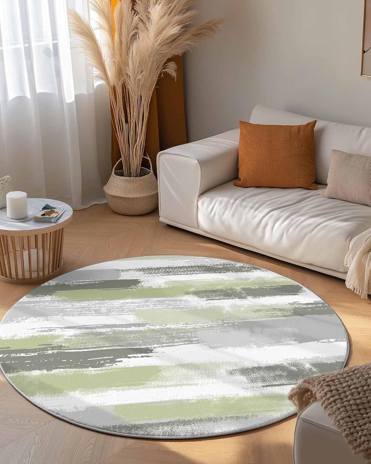 DecorLovee Sage Green Grey Round Area Rugs 3.3ft - Area Rug for Kids Room, Modern Abstract Art Striped Geometric Washable Living Room Circle Rugs, Non-Shedding Residential Bedroom Carpet Floor Mat