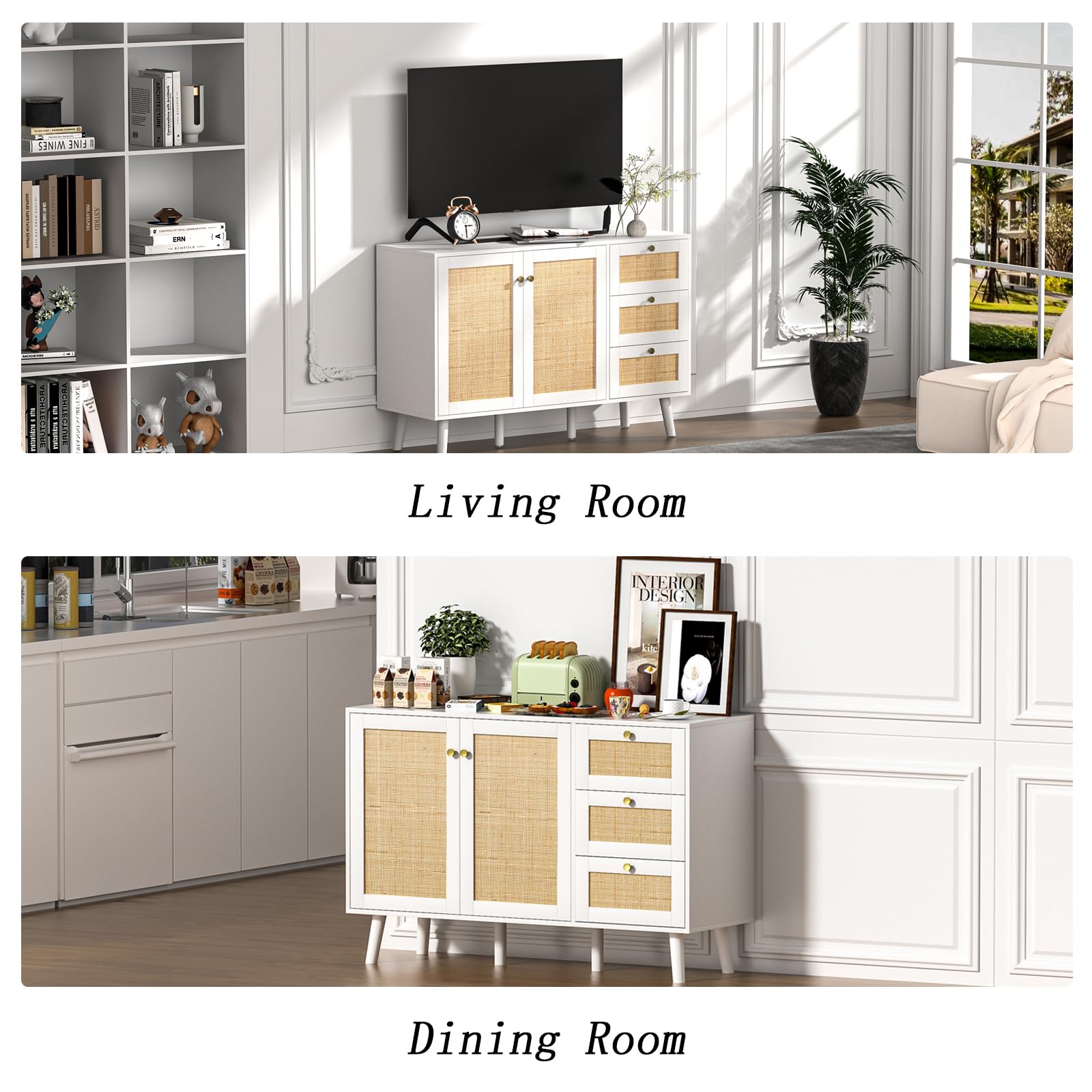 Rattan Sideboard Kommode, Weiß Aufbewahrungsschrank mit 2 Rattan Türen und 3 Schubladen für Esszimmer, Küche und Wohnzimmer, Küchenbuffet mit Verstellbares Regal Sideboard，120x40x82cm