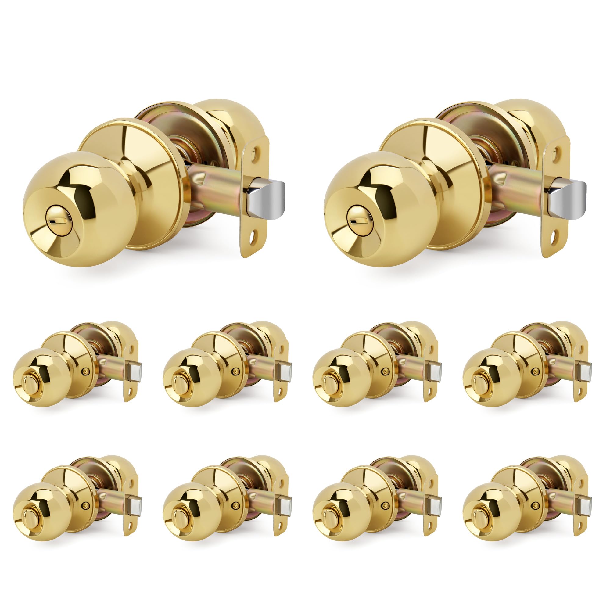LOQRON 10 Pack Wholesale Ball Design Door Knob with Lock, Privacy Round Shaped Keyless Doorknob for Bathroom/Bedroom, Polished Brass Finish