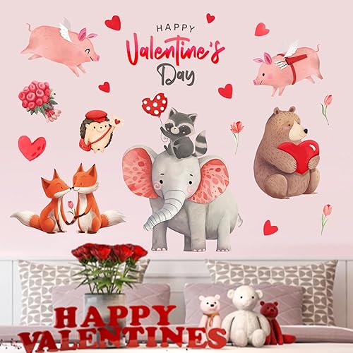 Miniatura 1 de Yovkky Calcomanías de pared para el día de San Valentín, diseño de animales de San Valentín, corazón rojo, flor romántica, decoración romántica para
