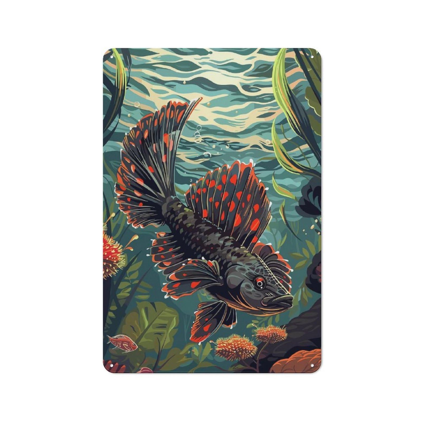 Junmoney Style-18 Tin Wall Plaque 30X20cm With Red And Black Fish Underwater For Hallway Wall, Suited To Wall Displays In Hallways And Entrance Areas