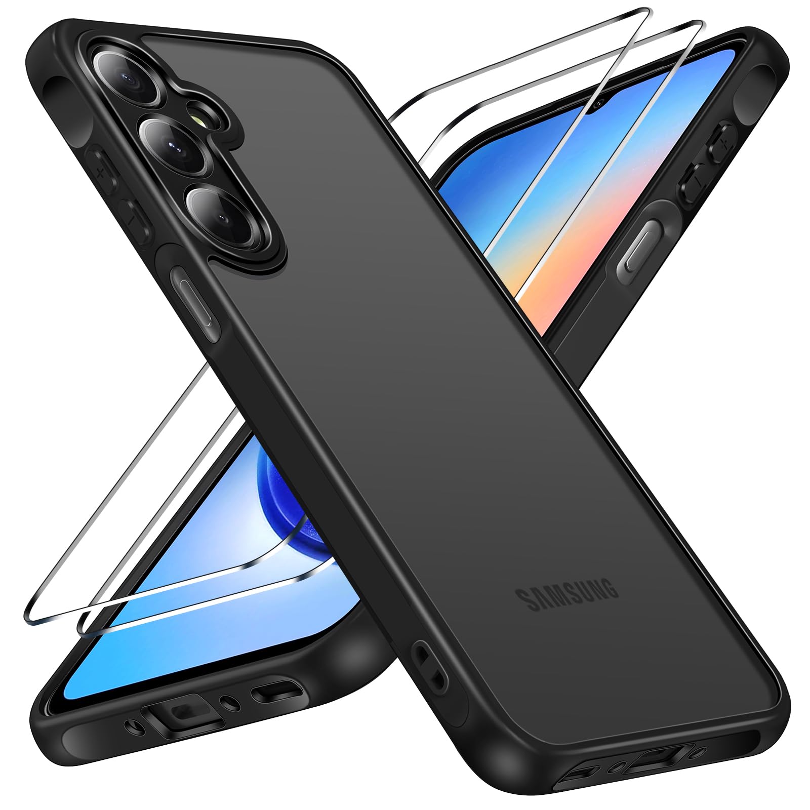 iVoler Cover Opaca per Samsung Galaxy A35 5G con 2 Pezzi Vetro Temperato, [Antiurto di Grado Militare] [Protezione Della Fotocamera] Custodia Traslucida Posteriore Sottile Anti-Impronte Case
