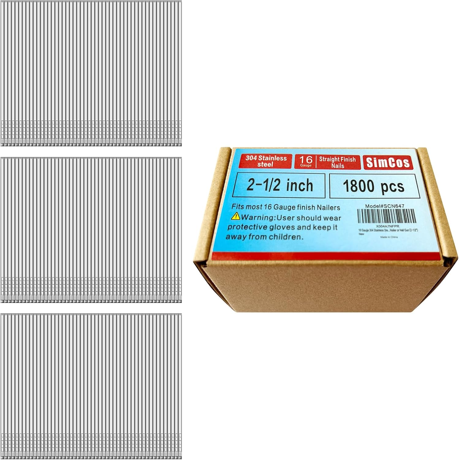 16 Gauge 304 Stainless Steel Straight Finish Nails, Assorted Size Project Pack for Pneumatic, Electric Finish Nailer or Nail Gun (2-1/2″)