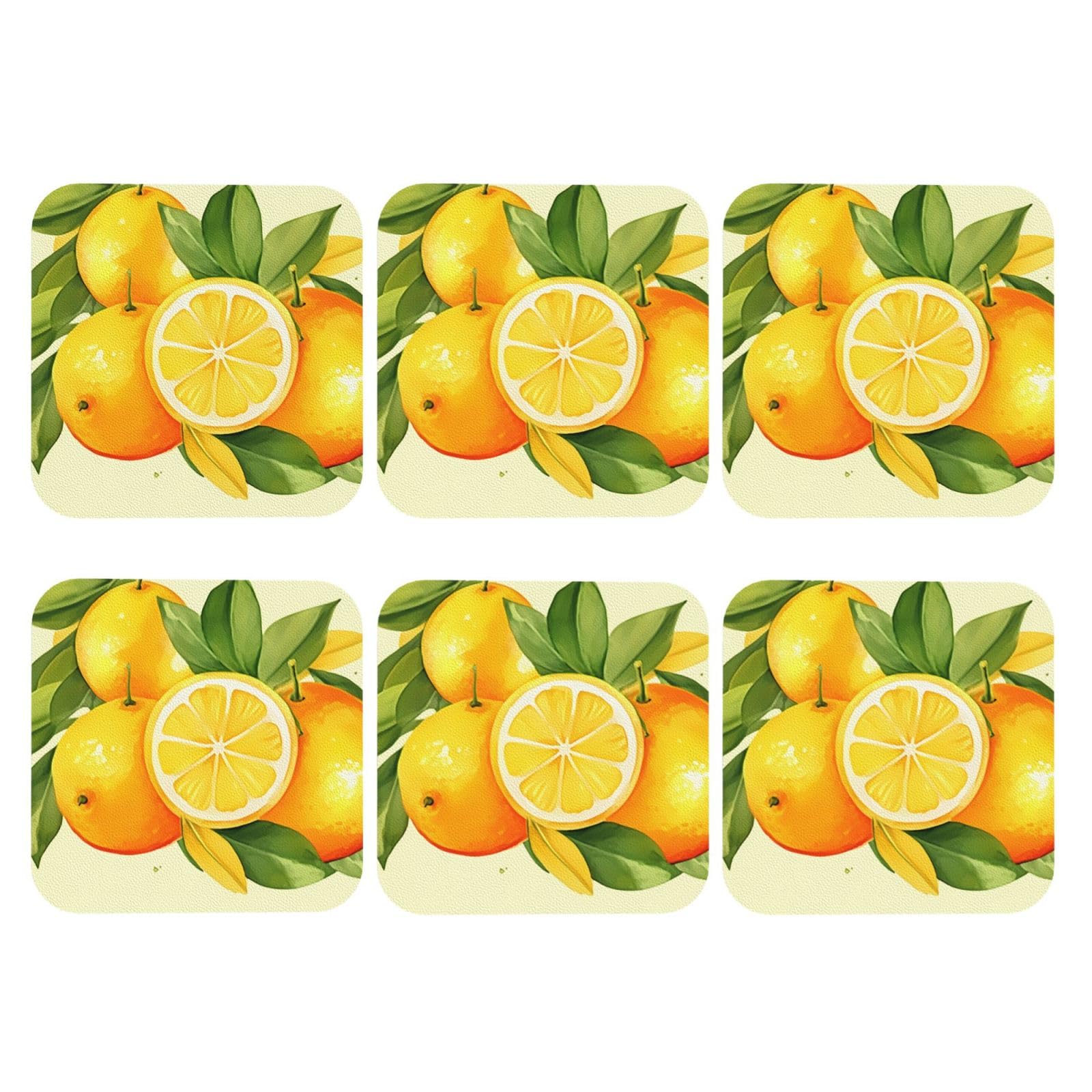 6pcs Leather Coasters for Drinks, Watercolor Lemon Fruit Drink Coasters for Tabletop Protection, 4" Cup Coasters for Coffee Table Decor, Non-Slip Drinking Cup Mat for Hot Or Cold Drink