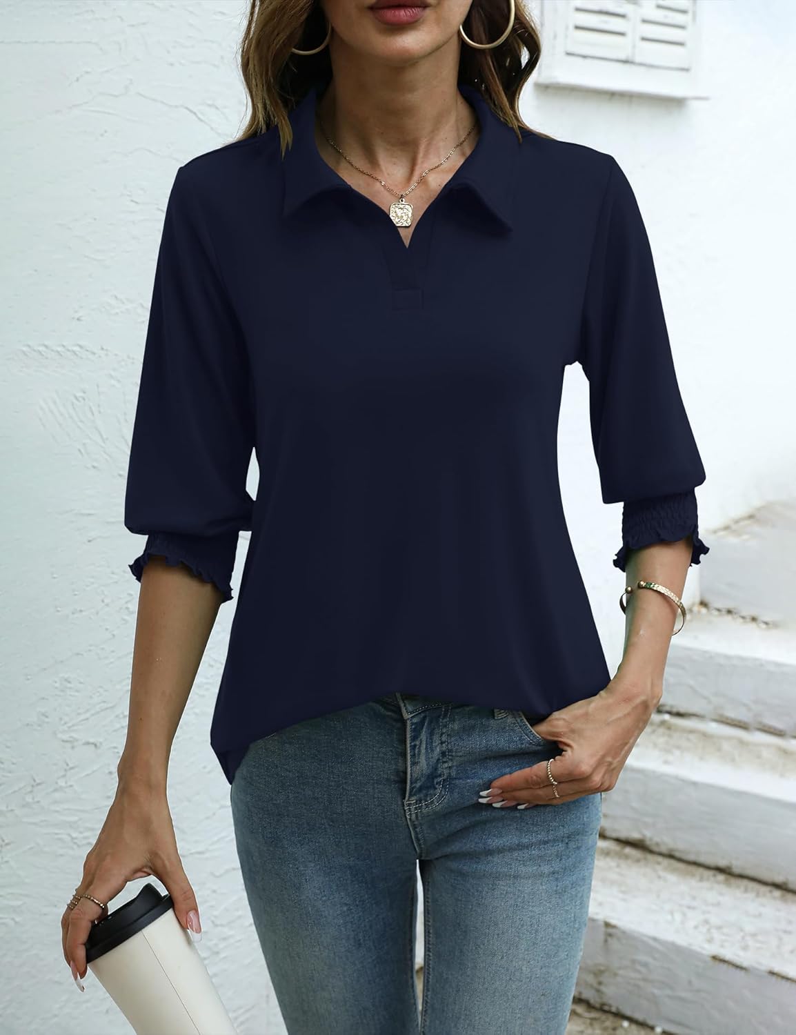 Ivicoer Womens 3/4 Length Sleeves Polo Shirts Collared Tops Business Casual Blouses Basic Tees Trendy Outfits Spring Clothes - Image 5