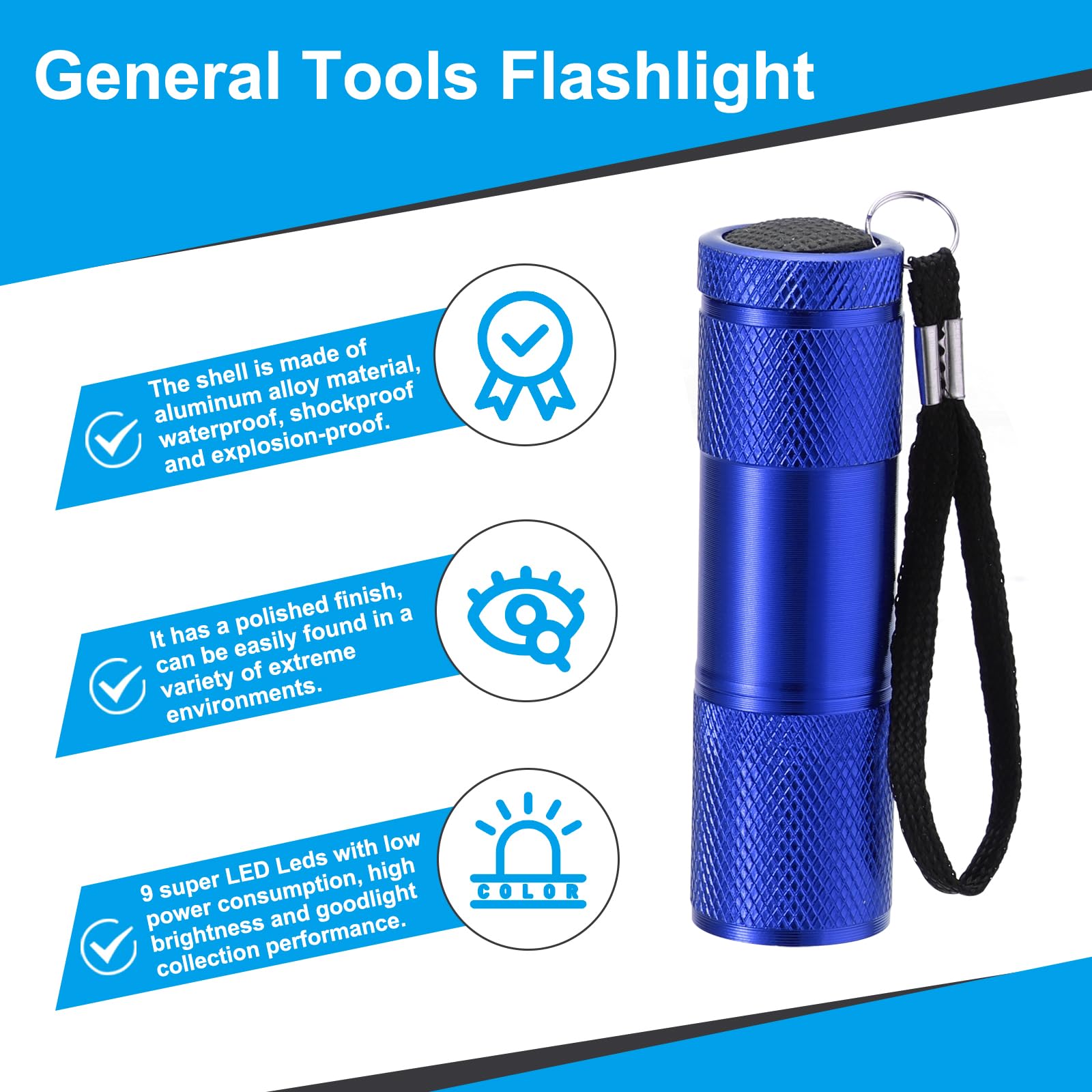 PATIKIL 9 LED Mini Flashlights, Aluminum Pocket Flashlight Torch with Lanyard for Camping Hiking, Outdoor Emergencies, Blue - Image 3