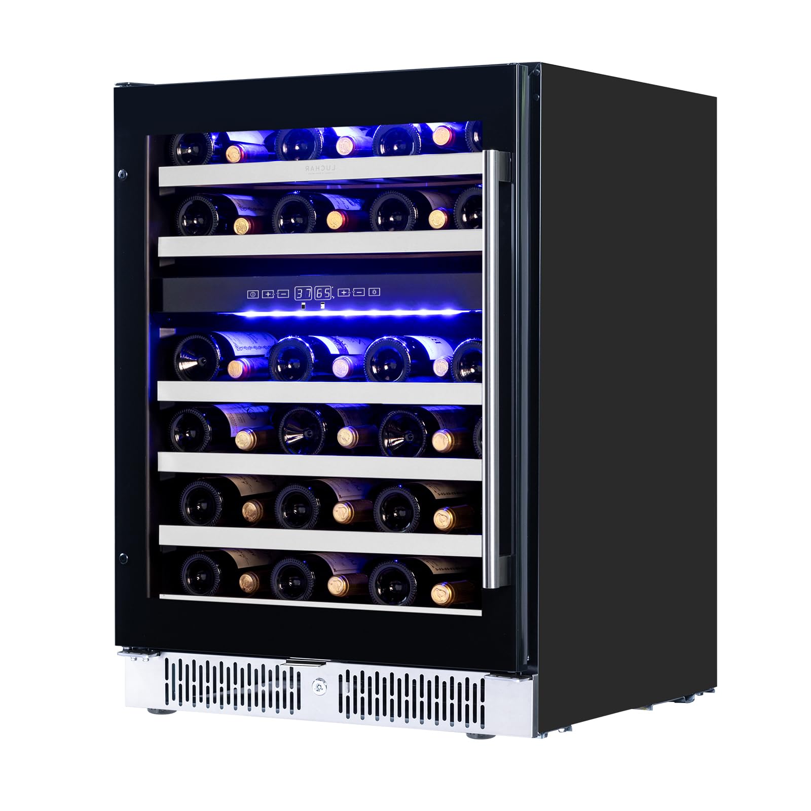 Akicon 24 Inch Wine Fridge, 46 Bottles Wine Cooler with Glass Door and Removable Shelves, 3-Color LED Light, Safety Lock, Freestanding or Built-in for Home/Bar/Office on Fridge.com