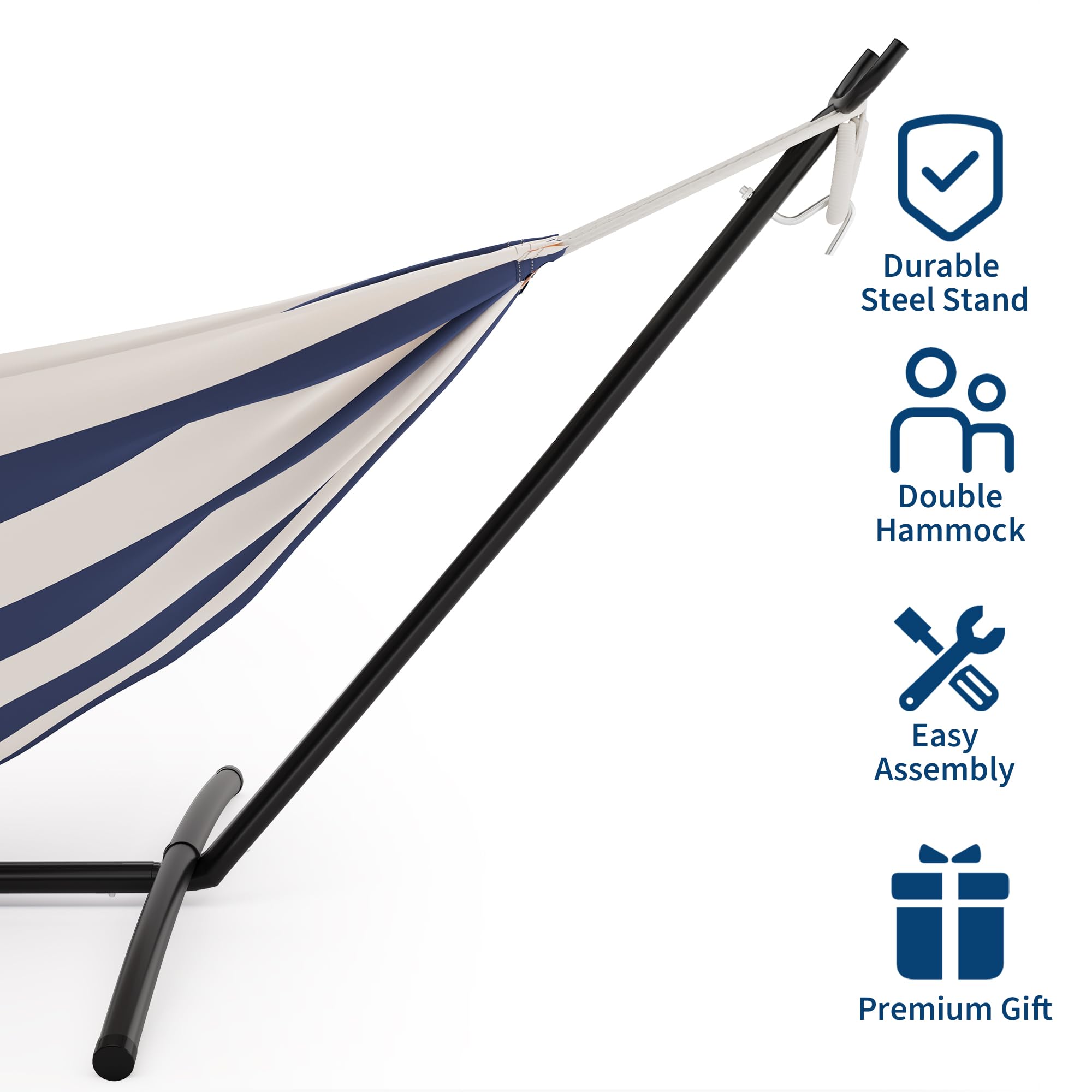 Hamaca con Soporte de Acero para 2 Personas, Hamaca Autoportante, Capacidad de Carga 204 kg, para Jardín, Terraza y Balcón, 279,4 x 100 x 106,7 cm, Rayas Azul/Blanco