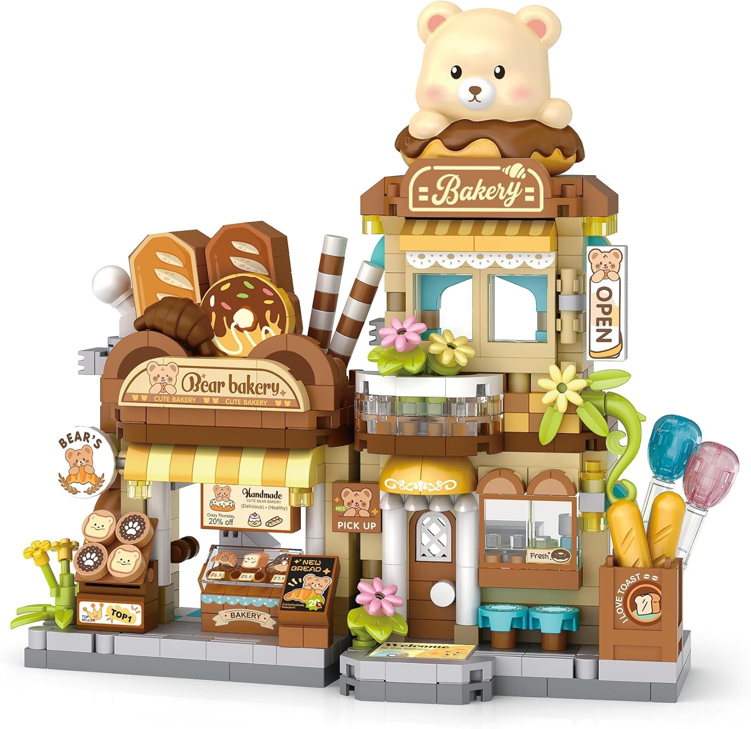 SKY LINE OCEAN Bear Cub's Bakery Mini Building Block Set with LED Lights, City Street View Bakery Shop Micro Blocks House Model, DIY Miniature Architecture Kit, Home Décor, 5-Year Warranty-image-23