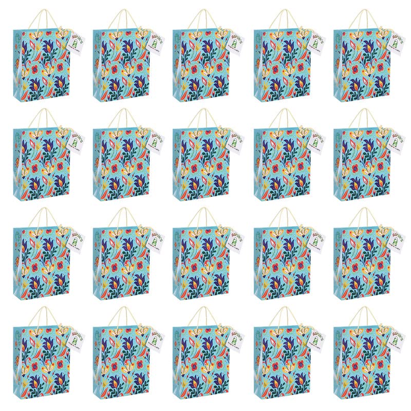 SAINIK'S - ACCESS TO QUALITY Bold Flowers Design Paper Bags/Gift Bag, Goodies Bag, Promotional Bag For Wedding Pack of 20 (25 X 20 X 8) CM, Blue