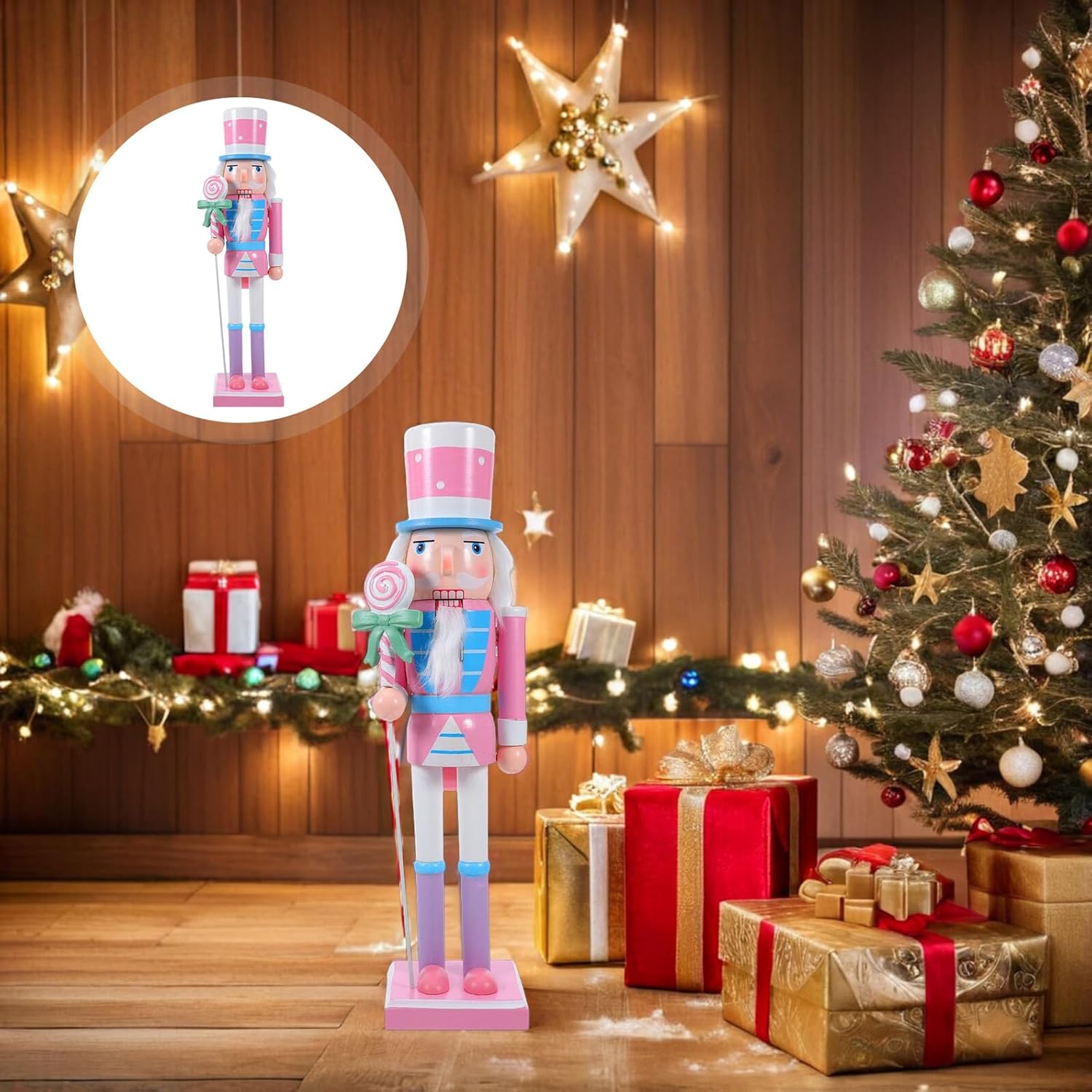 Christmas Nutcracker Soldier Figurine 38cm Wooden Pink Traditional Nutcracker Decoration for Holiday Home Party Table and Windowsill Display