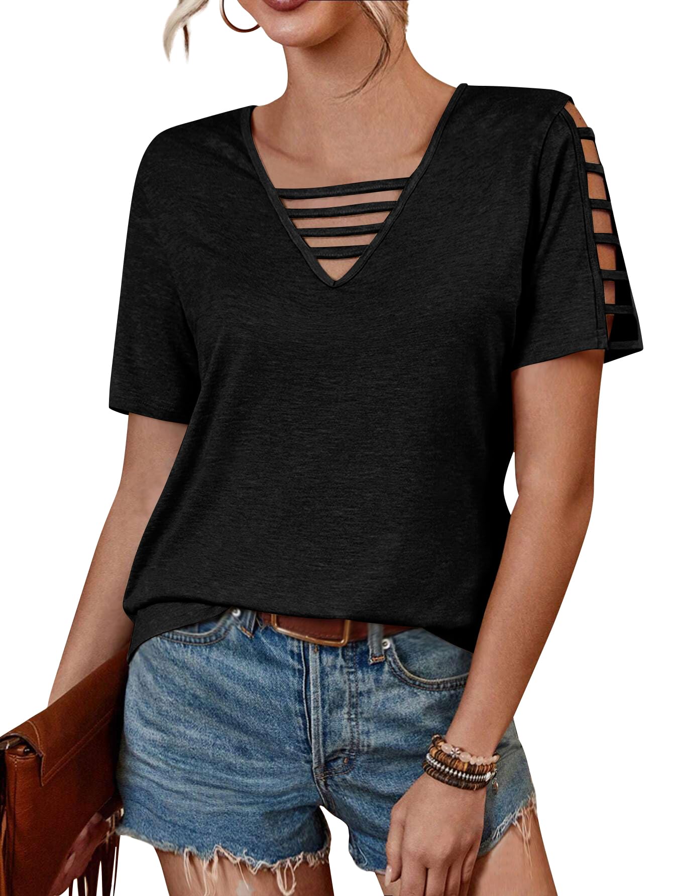Womens' Summer Top, Solid Color Hollow Out Short Sleeve Casual V Neck T-Shirt X-Large Black