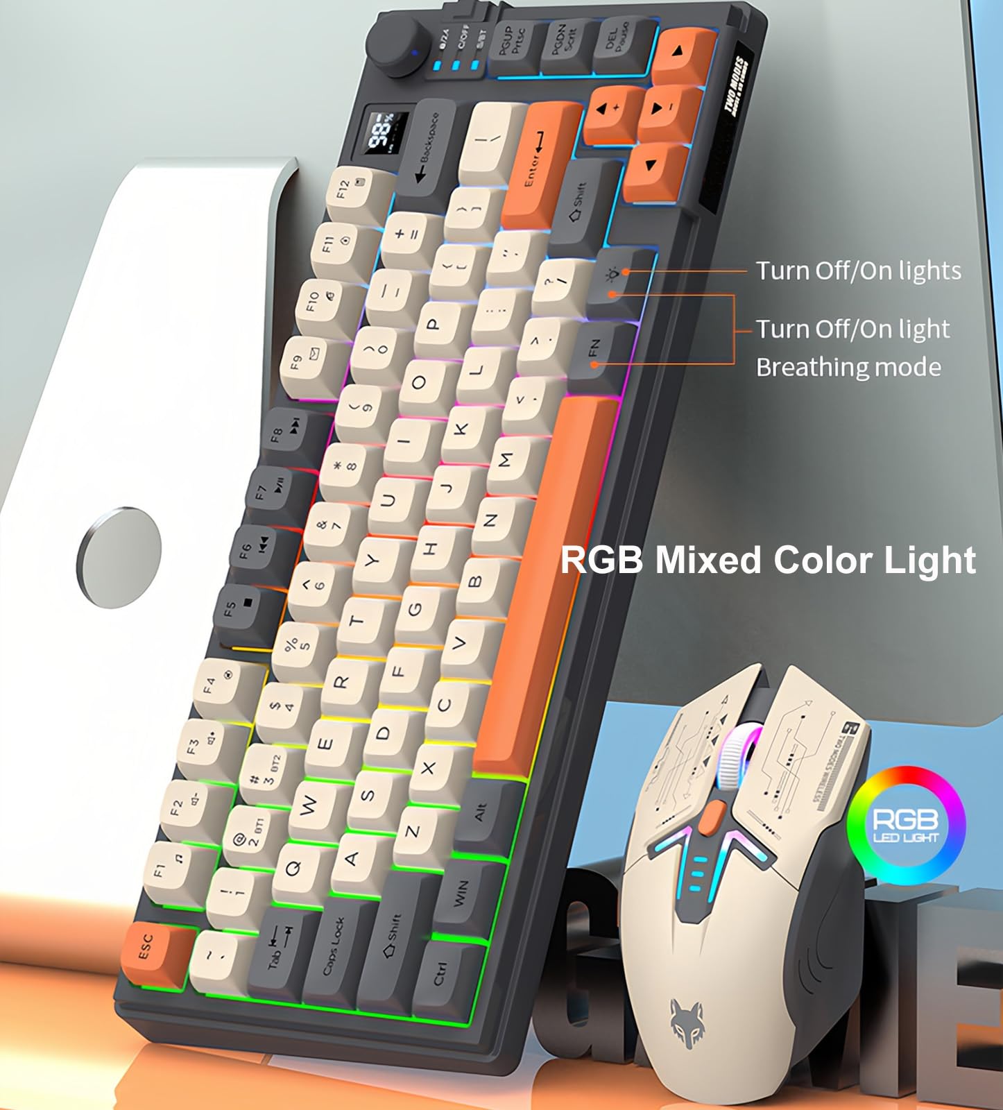 Tastiera e Mouse Wireless Combo con Controllo Volume Doppia Modalità 80 Tasti Schermo Display Colore Luce Ricaricabile Mouse DPI Regolabile per Gaming Computer PC