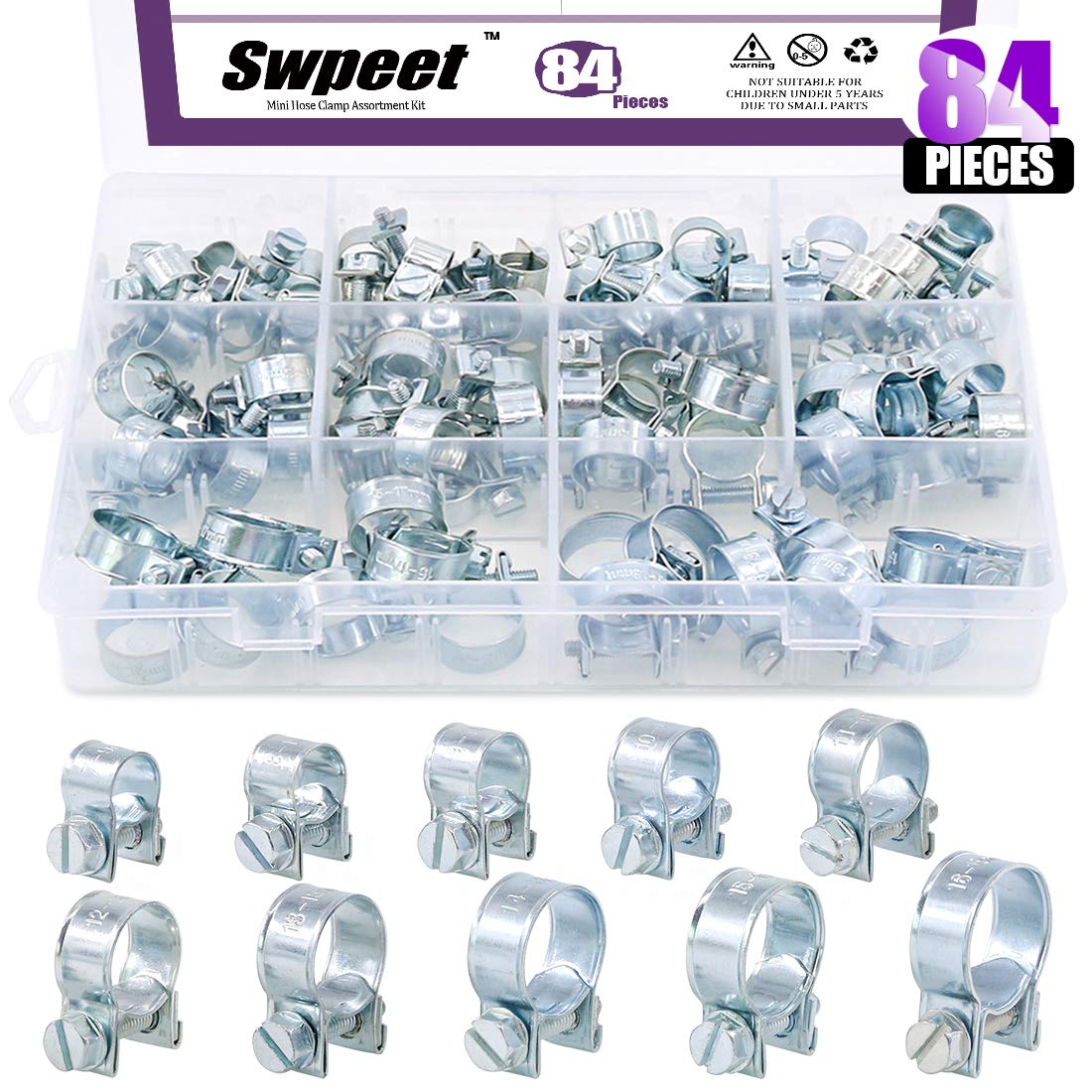Swpeet Lot de 84 colliers de serrage plaqués zinc 10 tailles pour tuyau d'injection de carburant, parfait pour l'automobile, l'a