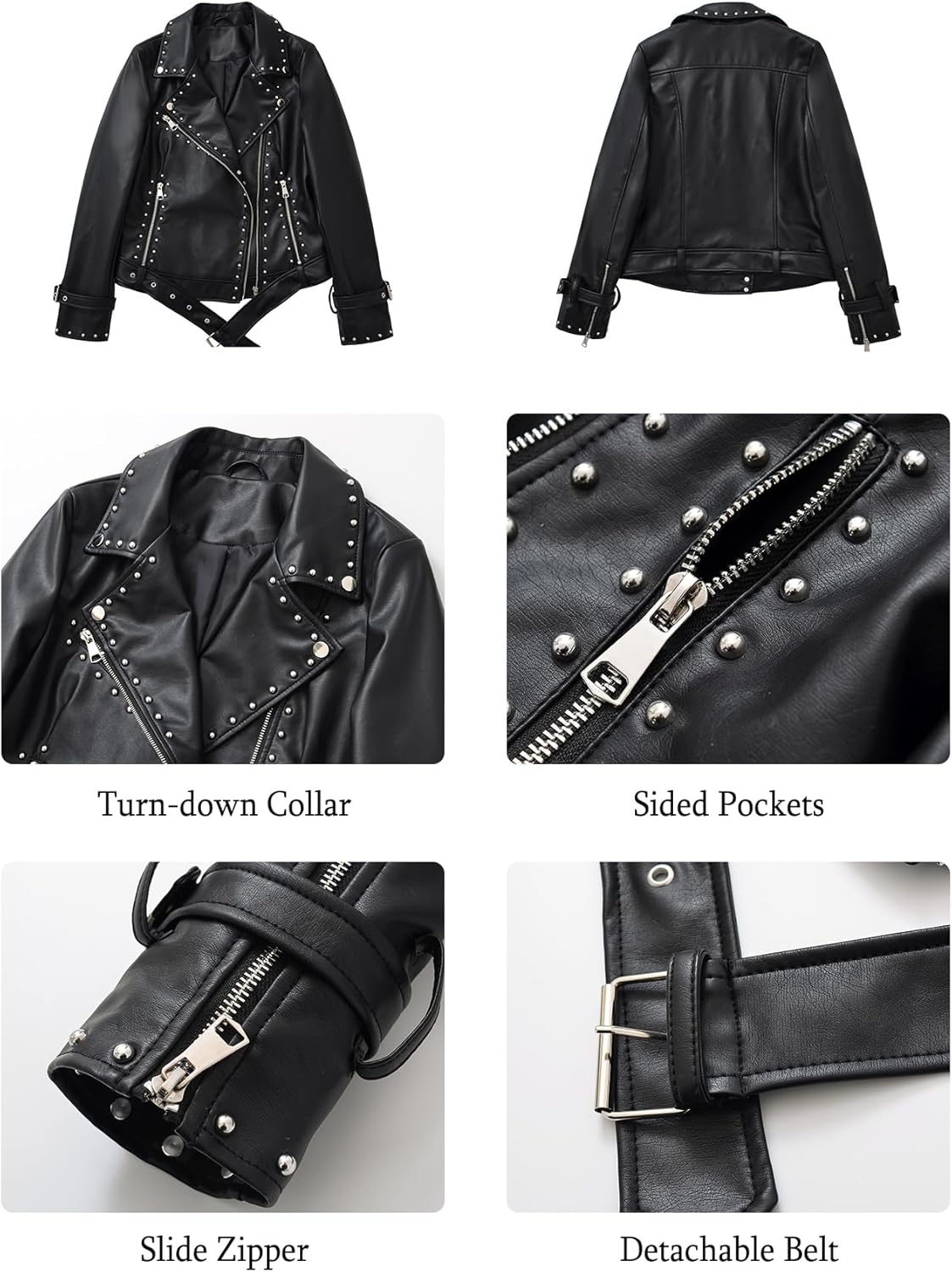 LY VAREY LIN Studded Faux Leather Moto Jacket Women Black PU Biker Coat with Rivets Punk Style - Image 7