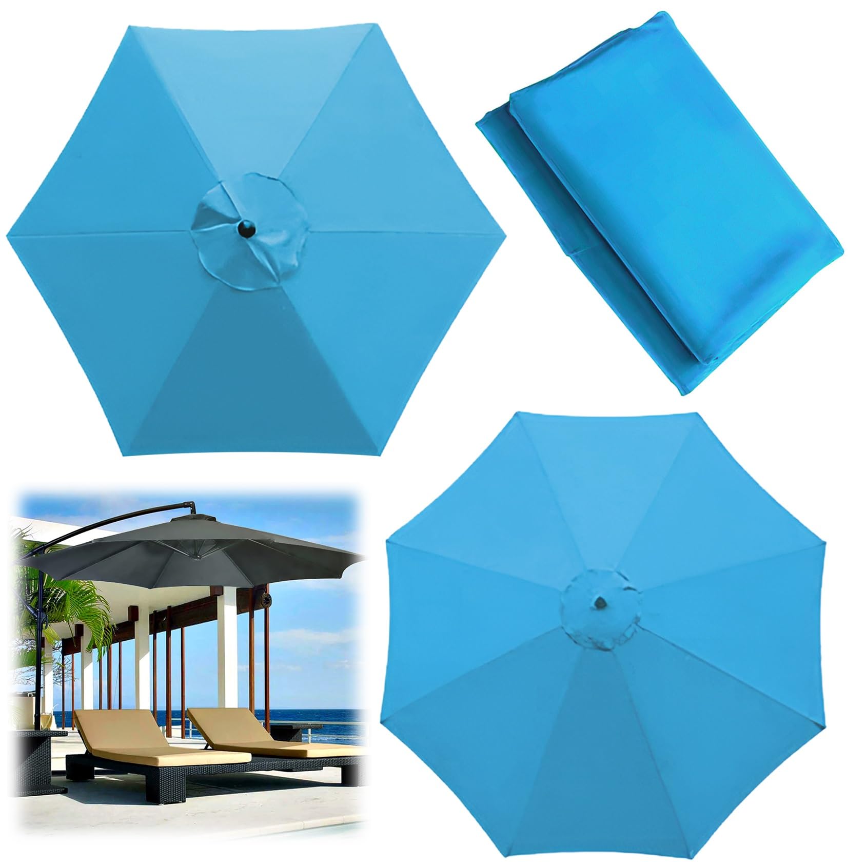 Replacement Parasol Canopy, 2/00270/300 CM Market Table Umbrella Cloth Replacement Fit 6/8 Arms Patio Umbrella Outdoor Deck Parasol Cover Lawn Pool(Color:Lake blue,Size:6 ribs-2.7m(8.8ft))