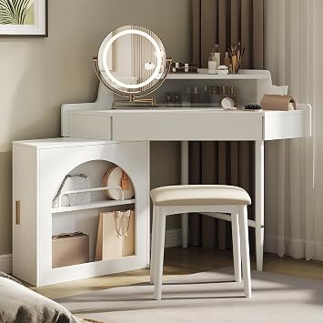56" Corner Vanity Desk with Lighted Mirror,Makeup Vanity Table with Stool