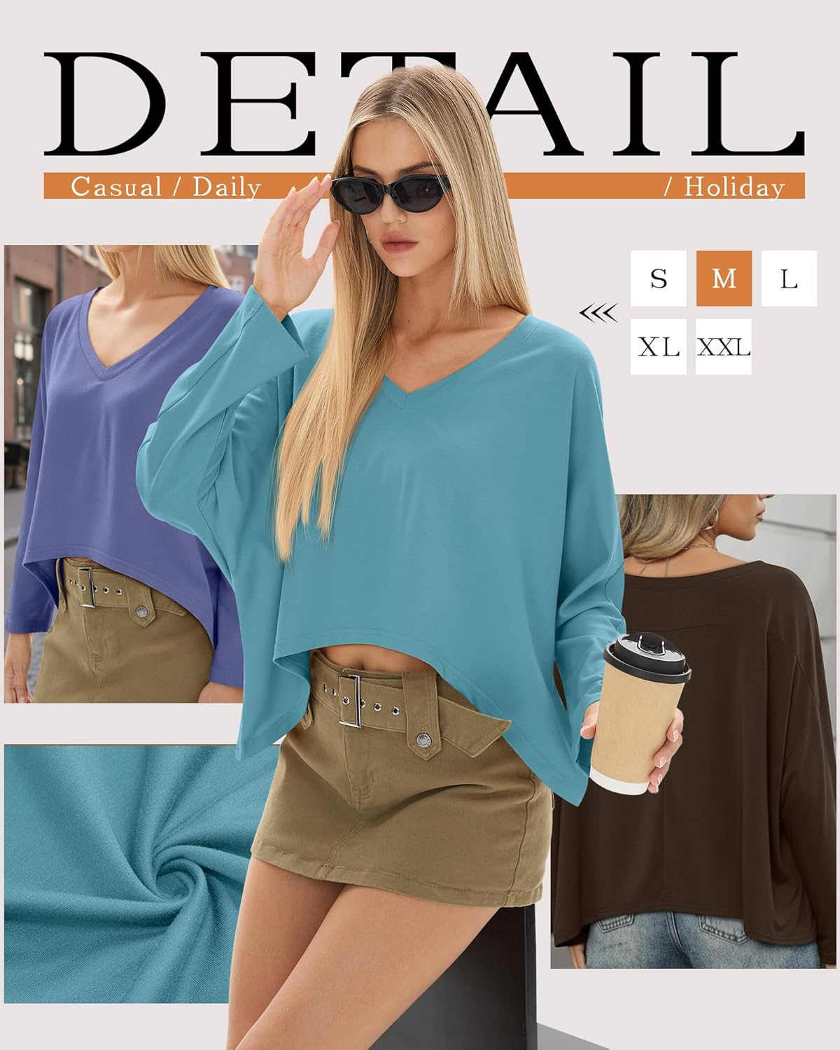 4 Pack Oversized Cropped T Shirts for Women V Neck Long Sleeve Crop Tops Loose Casual Basic Tees Irregular Hem - Image 3