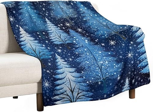 Manta azul con diseño de árboles de Navidad y copos de nieve, diseño de copos de nieve, para cama, 50 x 60 pulgadas, manta ligera y mullida para