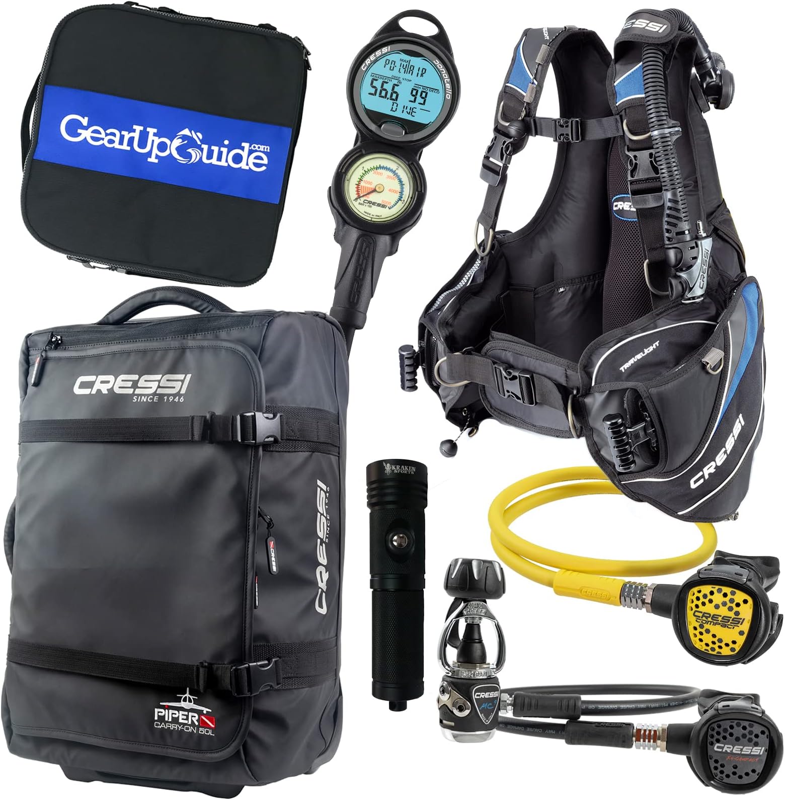 Cressi Travelight 15 LBS Scuba Diving Package Carry On Reg Dive Computer GupG Reg Bag and Kraken Dive Torch