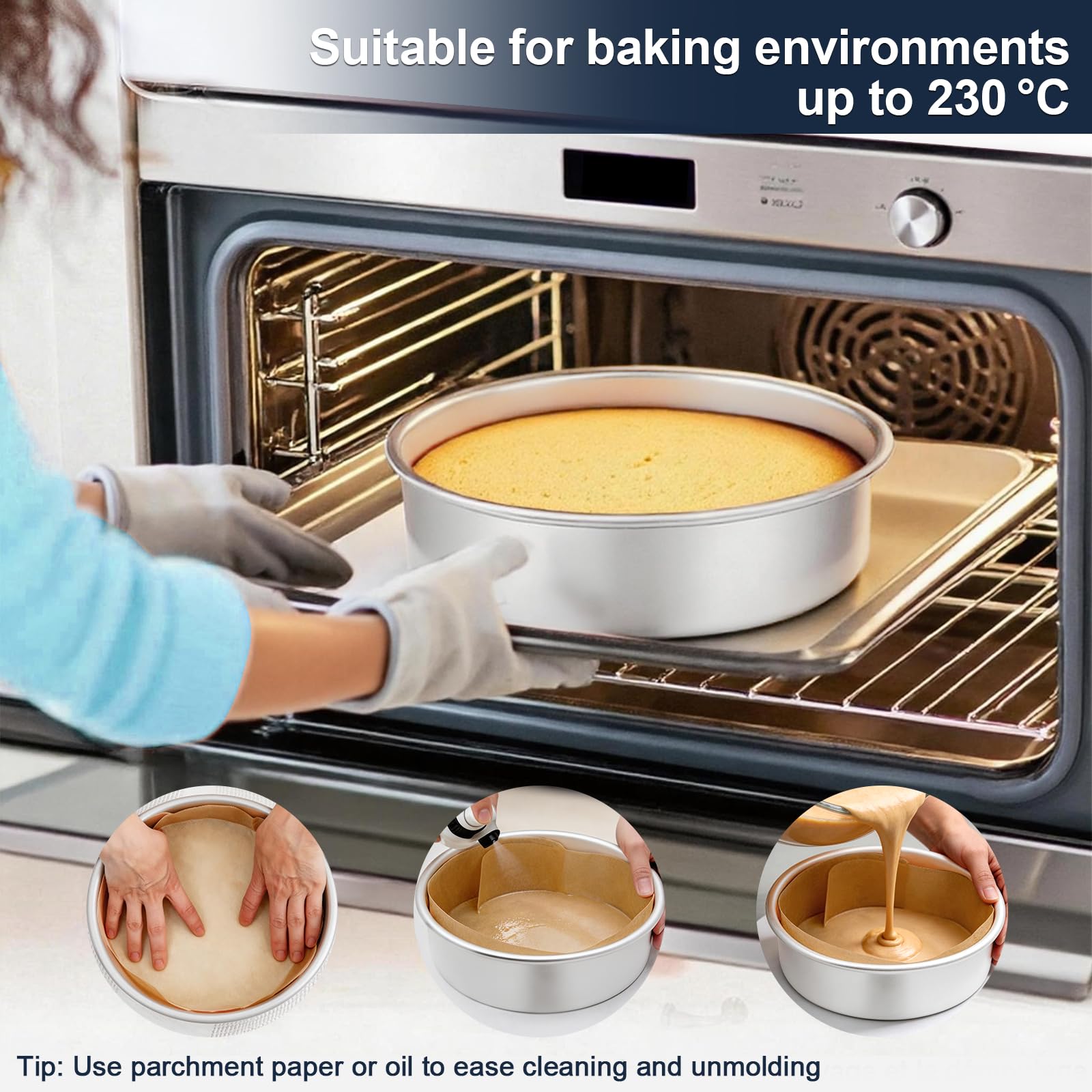 Backform Rund 3er Set Ø 15/20/26 cm, Runde Kuchenformen aus Eloxiertem Aluminium für Backen, Silber