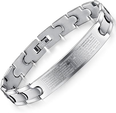 Fashion Month Mens Stainless Steel Bangle Engraved Spanish Bible Lords Prayer Cross ID Tennis Silver Cuff Bracelet