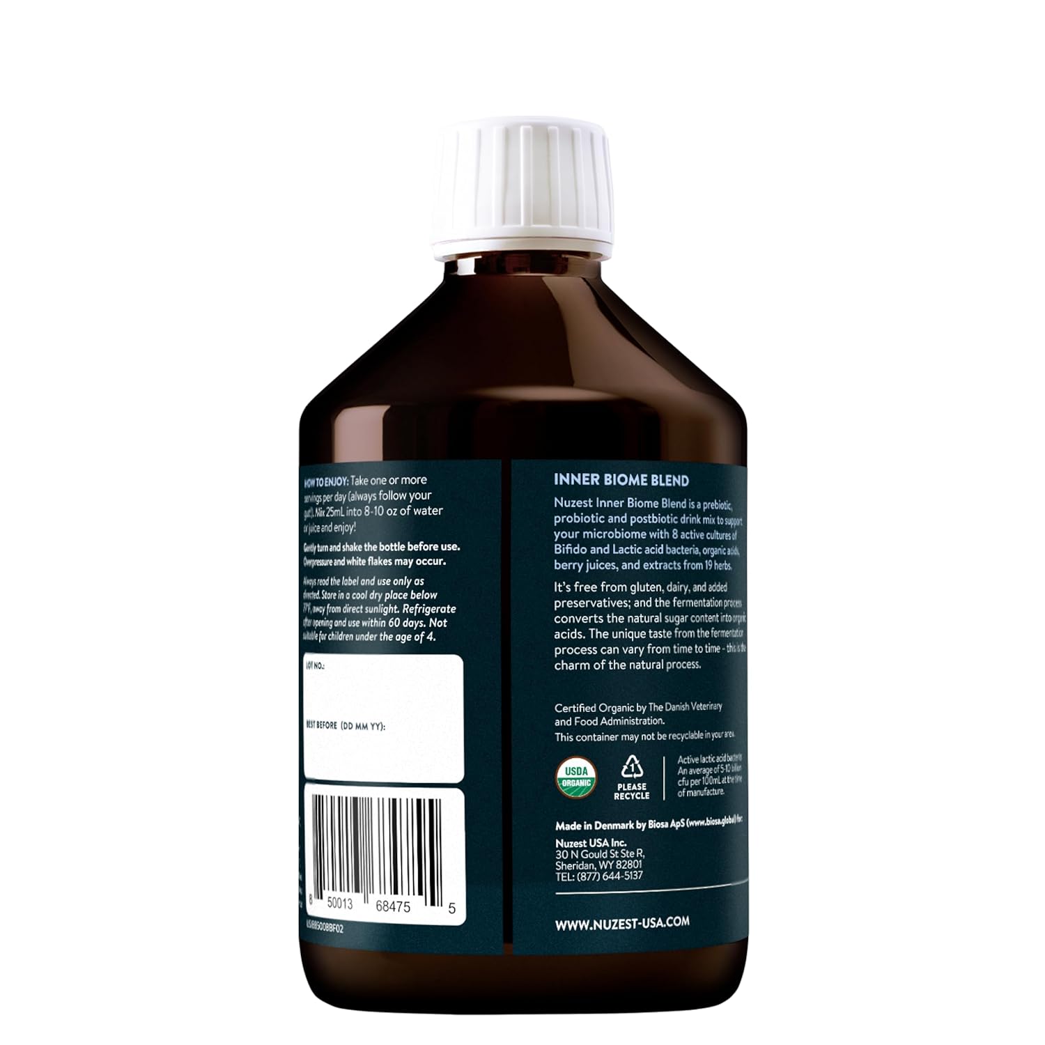 Nuzest - Inner Biome Blend – Prebiotic, Probiotic & Postbiotic Liquid Drink Mix – Microbiome Support – 8 Microbiotic Cultures, 19 Fermented Herbs - Vegan - Organic - Berry Flavour - 16.9 fl.oz/ 500ml