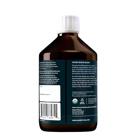 Nuzest - Inner Biome Blend Prebiotic, Probiotic & Postbiotic Liquid Drink Mix Microbiome Support 8 Microbiotic Cultures, 19 Fermented Herbs - Vegan - Organic - Berry Flavour - 16.9 fl.oz/ 500ml