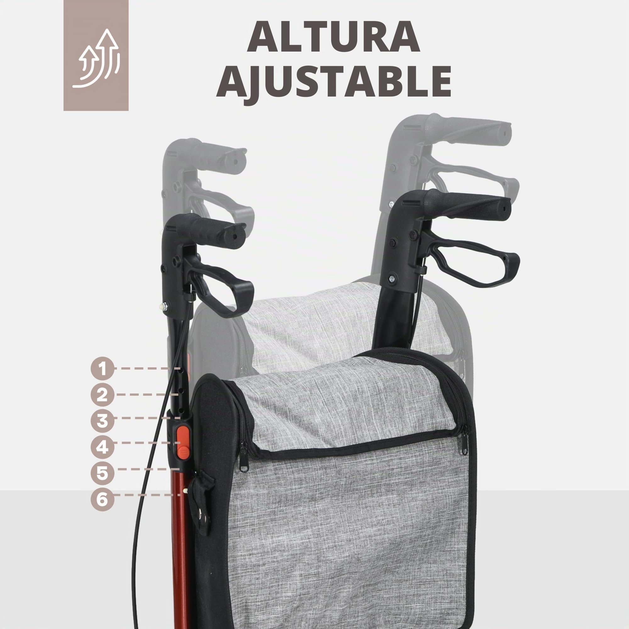 HOMCOM Andador plegable de 3 ruedas, andador para ancianos, doble freno, altura regulable, chasis de aluminio, cesta portaobjetos, ligero y resistente, rojo