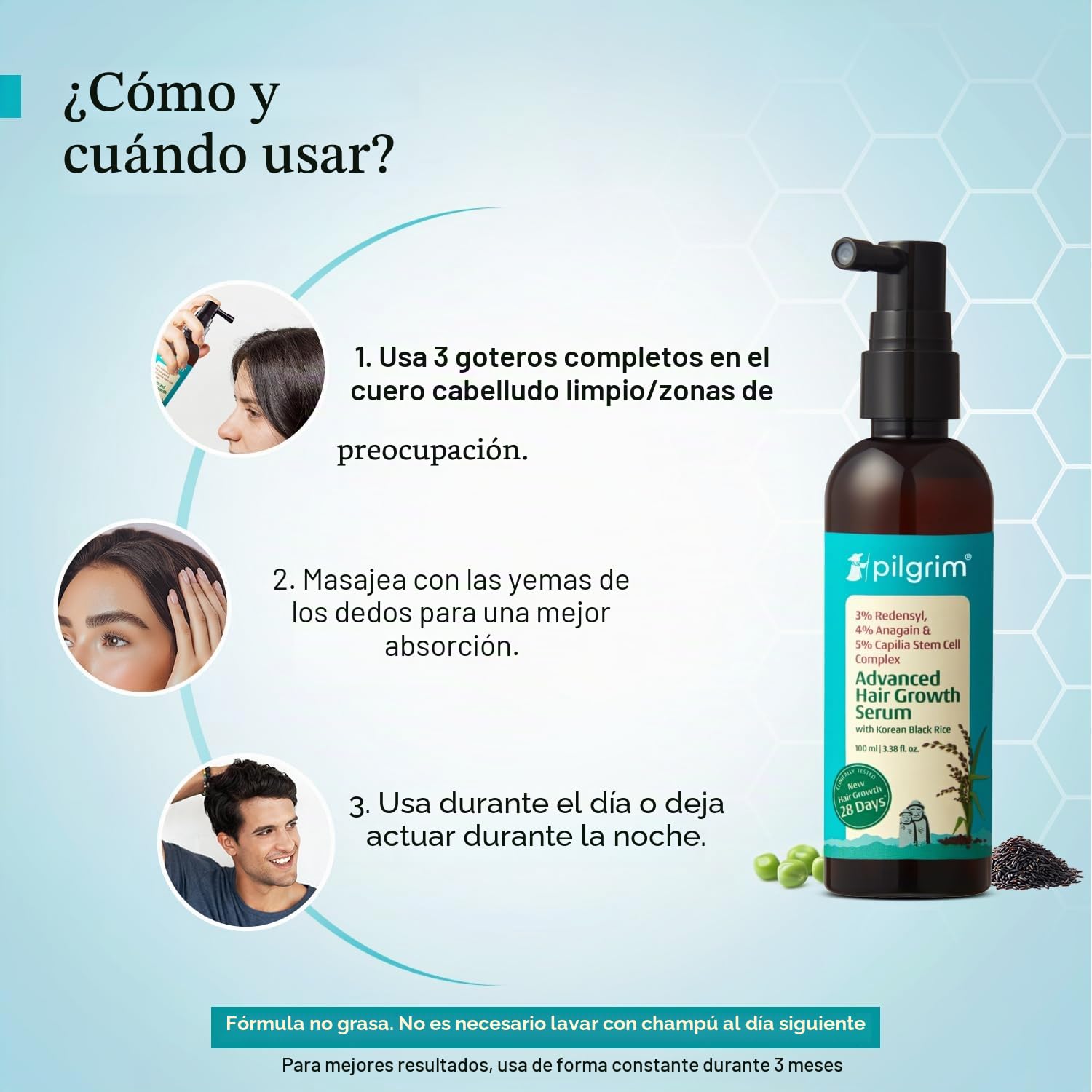 Pilgrim Redensyl 3% + Anagain 4% Advanced Hair Growth Serum (100 ml) con arroz negro coreano, controla la caída del cabello, estimula el crecimiento del cabello, aumenta la densidad del cabello, suero