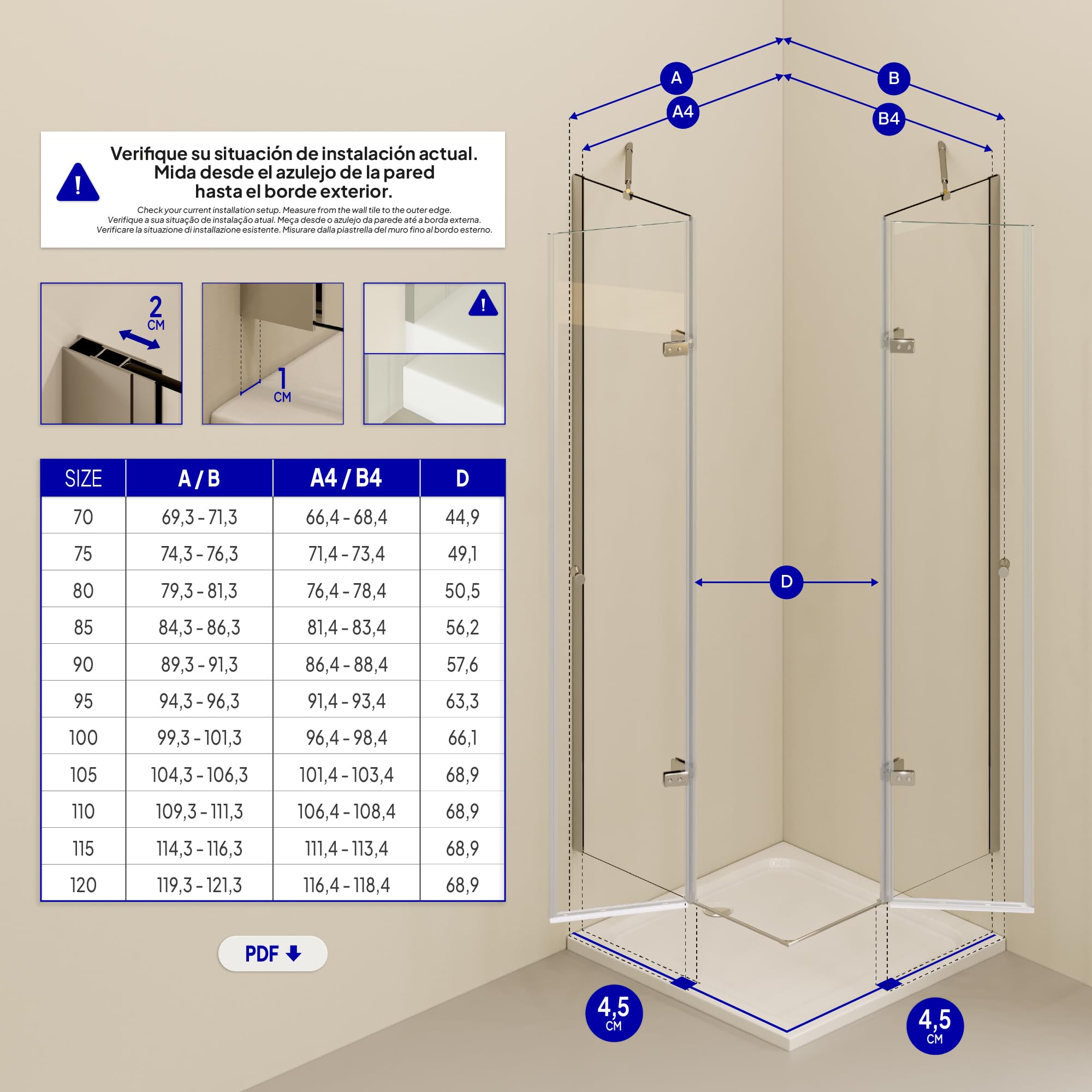 Mampara de Ducha Alice 80x110x190cm|REVERSIBLE|Puertas Abatibles, Ajuste 79,3-81,3x109,3-111,3cm|Perfil cromado, Cristal templado transparente 6mm