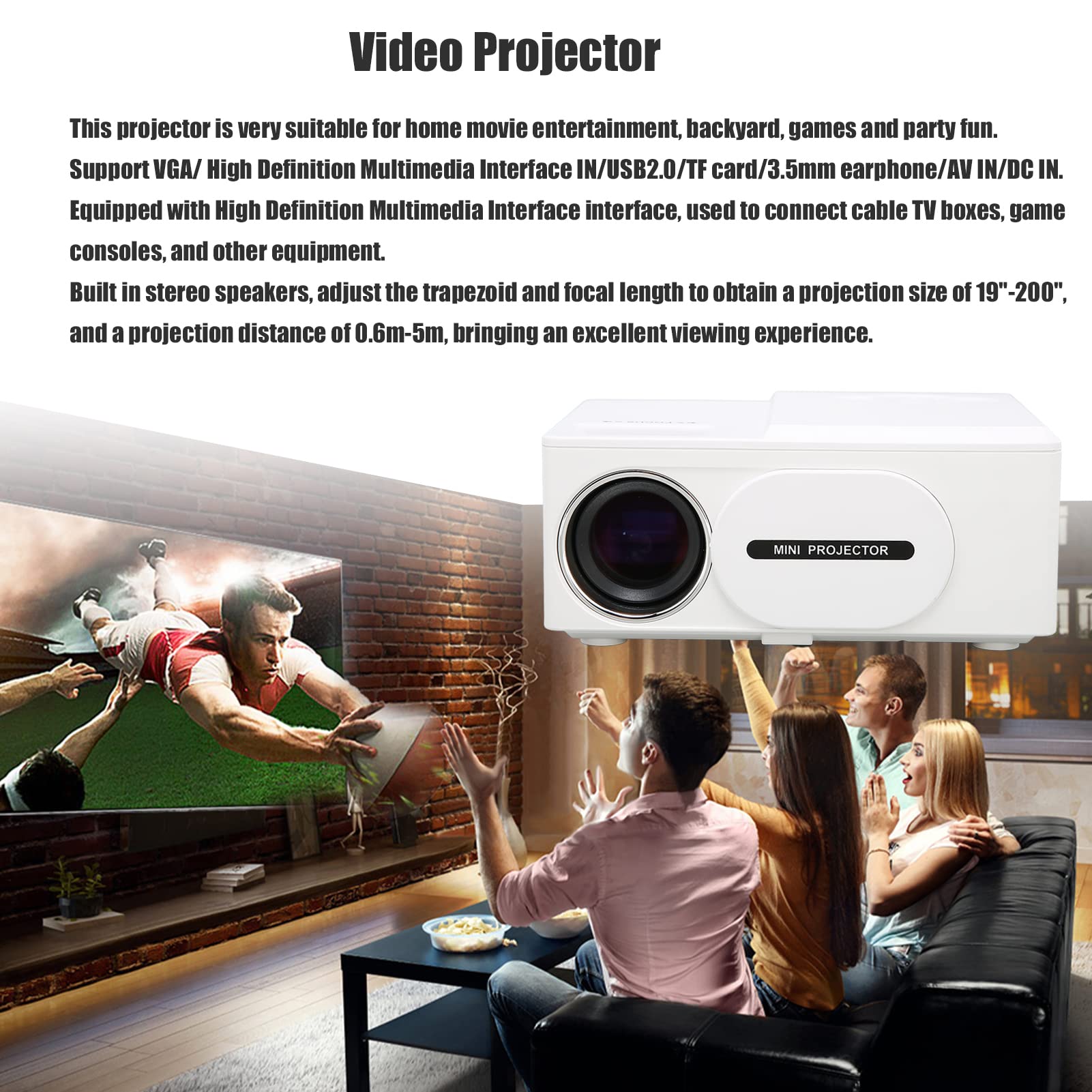 Proiettore Mini Proiettore LED 1080P Full HD Display Supporto Videoproiettore per Esterni Compatibile con Smartphone, TV Stick, Giochi, AV, USB (Spina UE)