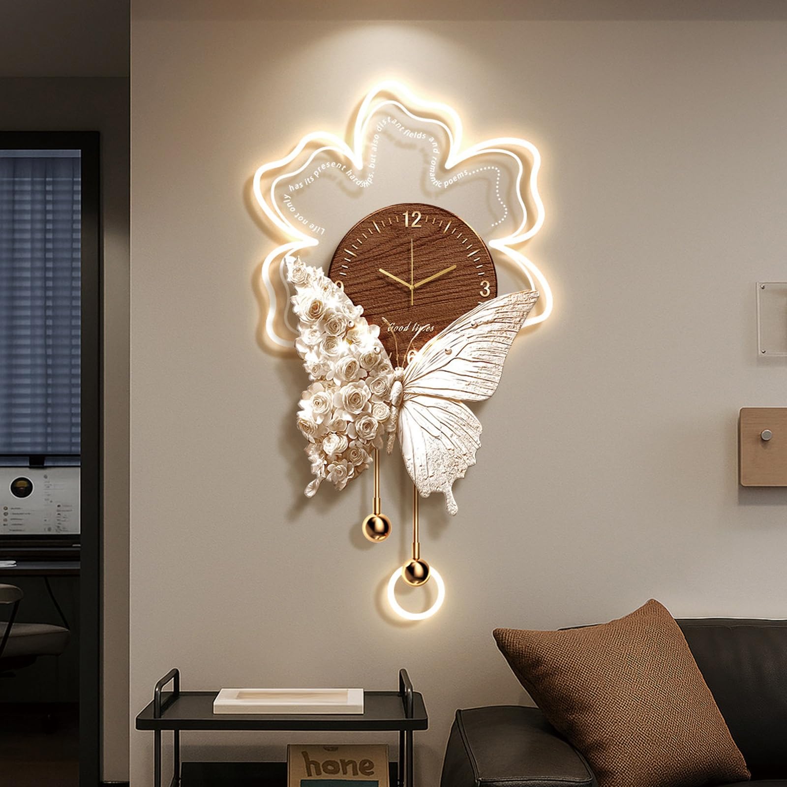 ITOSUI Butterfly-Shaped Silent Decorative Wall Clock with LED Light,Flower Decorative Wall Art,Beautiful Bedroom Wall Decor,Non-Ticking,for Living Room Dining Room Decor(Brown C,19.7 * 35.4")