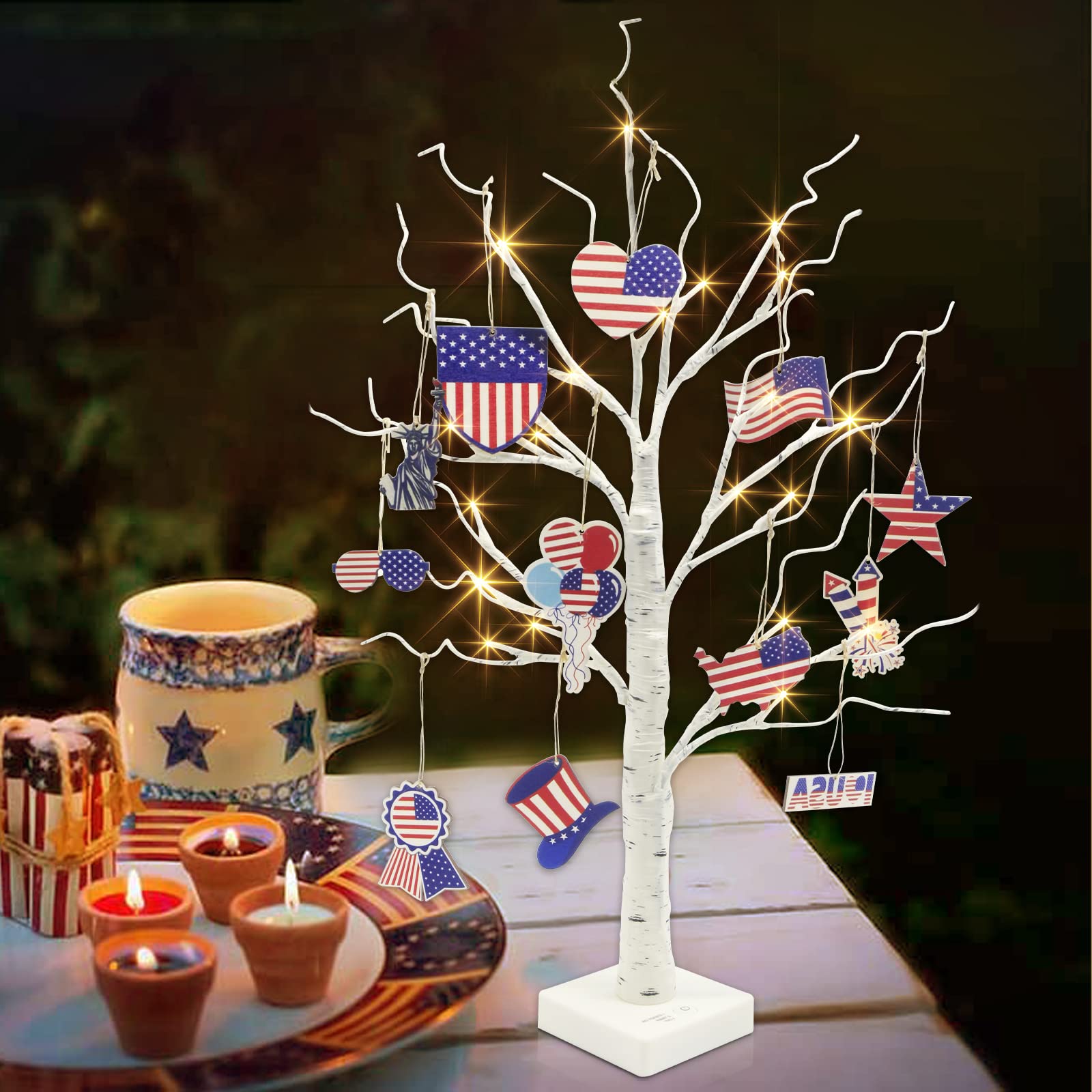 Vanthylit Patriotic Tree 2FT 24LED 4th July Tree with 12 Wooden Ornaments Battery Operated