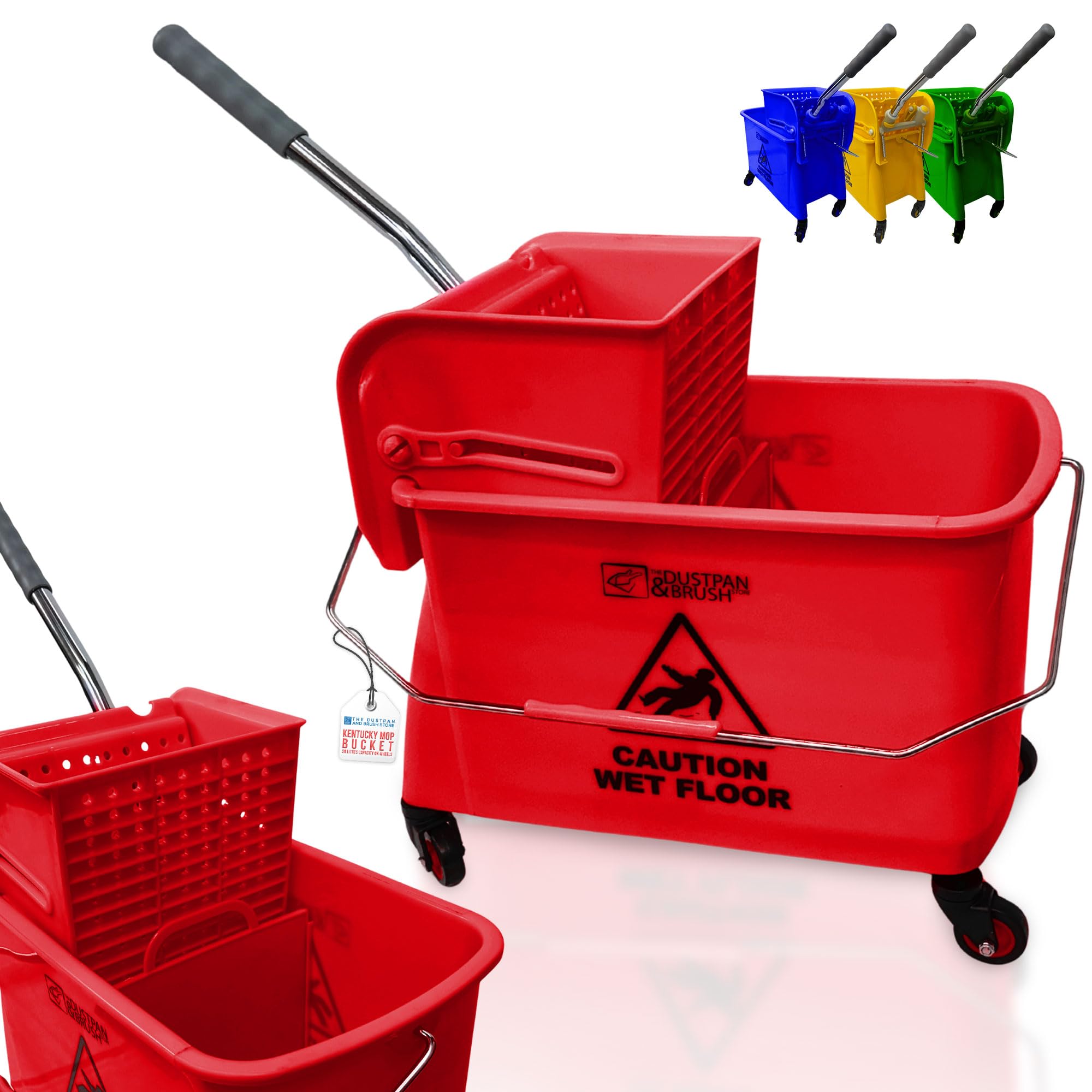 Tdbs The Dustpan And Brush Store Red Kentucky Floor Mop Bucket On Wheels - Large Capacity Commercial Industrial Floor Mop Bucket With Wringer And Carry Handle - Ideal For Warehouse, Hotel, Office, School Use