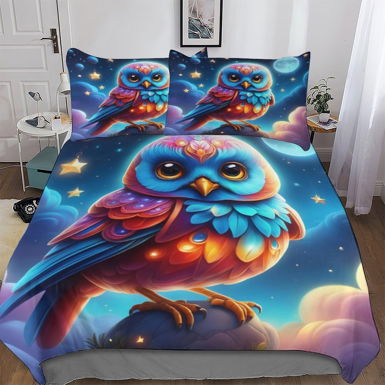 PAZZK Owl 3D Duvet Cover Microfiber Hotel Bedding Set Quilt Covers with Pillowcases Super Soft Comforter Cover with Zipper Closure For Boys, Girls And Teenagers Single (135x200cm)