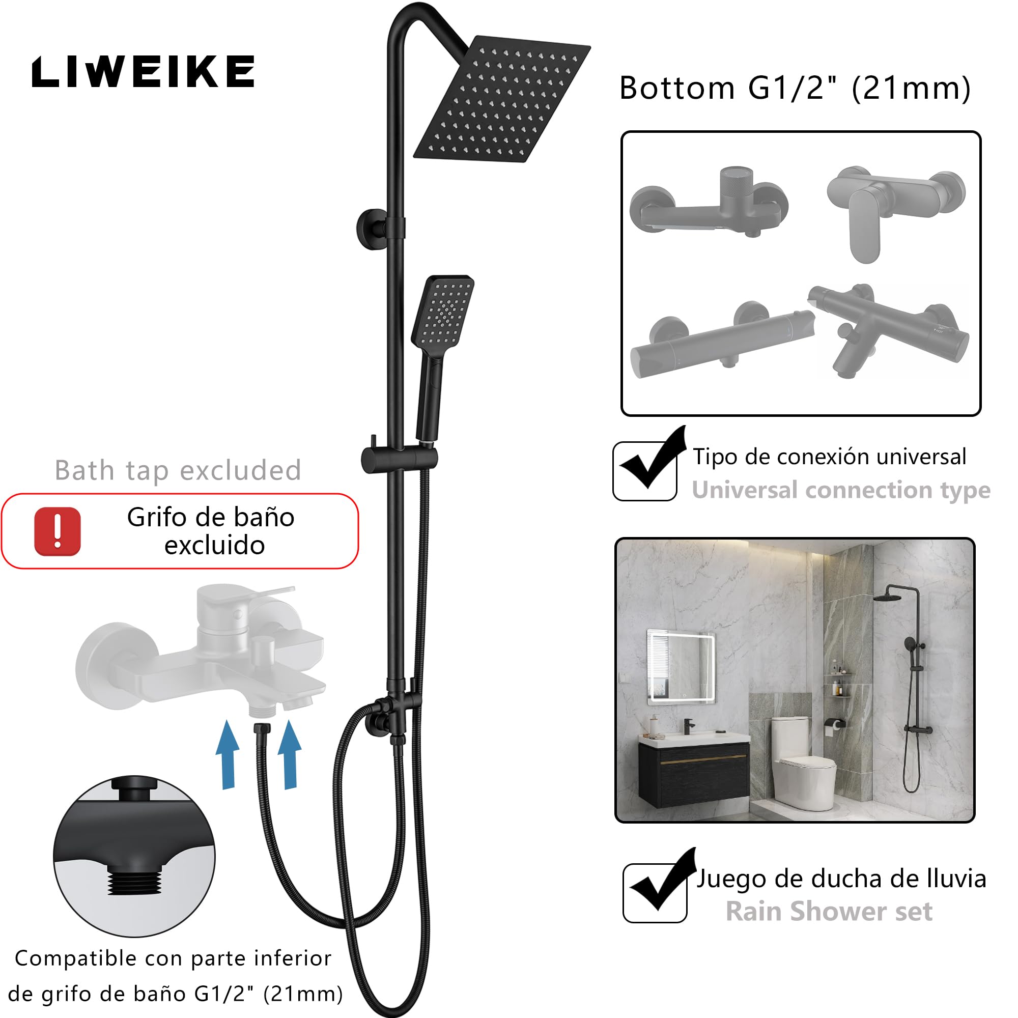 LIWEIKE Columna Ducha Negra, Columna Ducha sin Grifo Con Rociador de Lluvia de acero Inoxidable de 8 Pulgadas, Columna Ducha con 3 Modos de Pulverización, Negro Mate