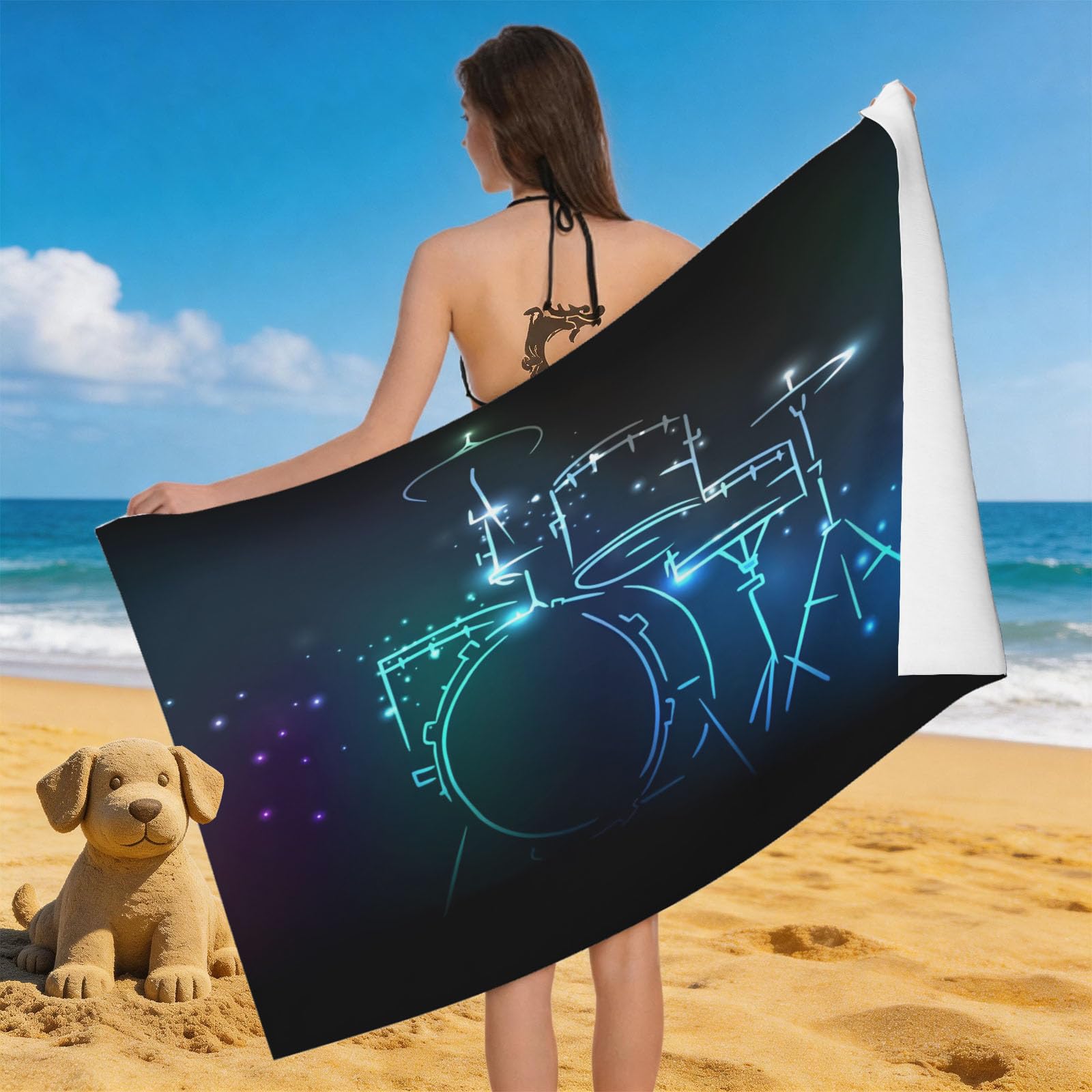 Leichong 3D Drum Kit Beach Towel Large Microfiber Soft Quick Dry for Adults, Glowing Lines Bath Towel Lightweight Soft Absorbent for Travel Swimming Pool Sports, 180 x 90 cm