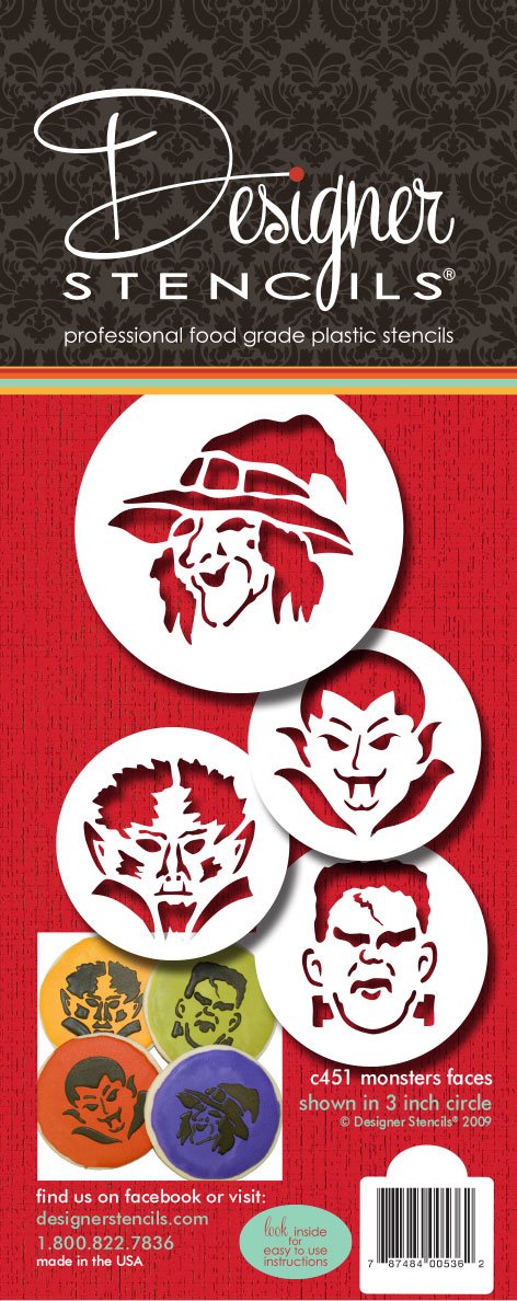 Designer Stencils Halloween Cookie Monster Faces Cookie Stencils, (Frankenstein, Witch, Dracula, Werewolf), Beige/semi-transparent