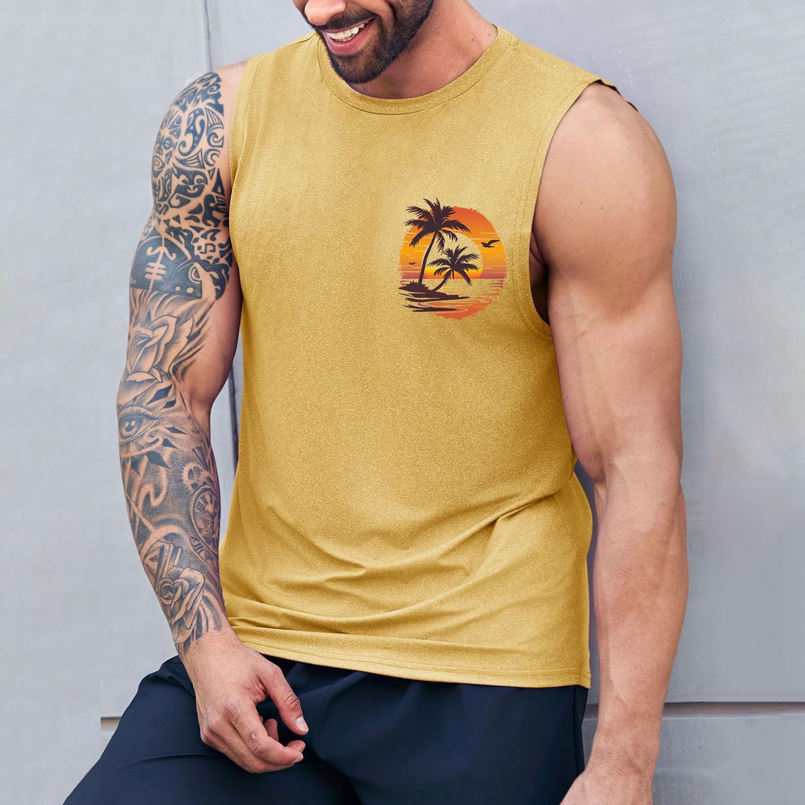 Camiseta Tirantes Hombre Verano con Estampado Playa Palm Beach Tank Top Basic Casual Camisetas sin Mangas Hawaiano Vacaciones Chalecos Deportivos Original Chandal T-Shirt para Correr Entrenamiento Gym