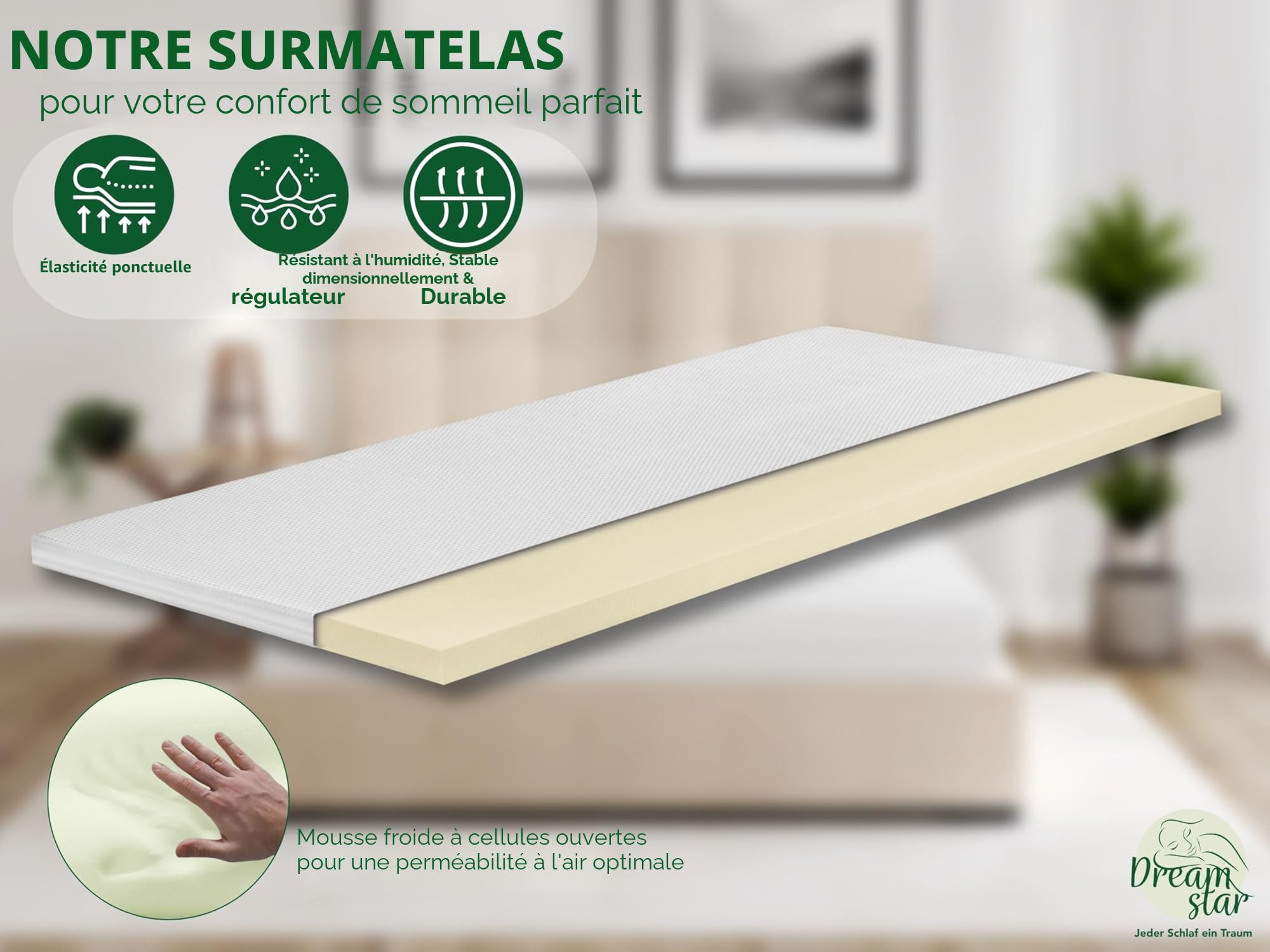 DREAMSTAR Easy Dream Surmatelas 160 x 200 cm H4 - Surmatelas avec noyau en mousse froide - Dureté 4 - Certifié Öko-TEX - 5 cm de haut