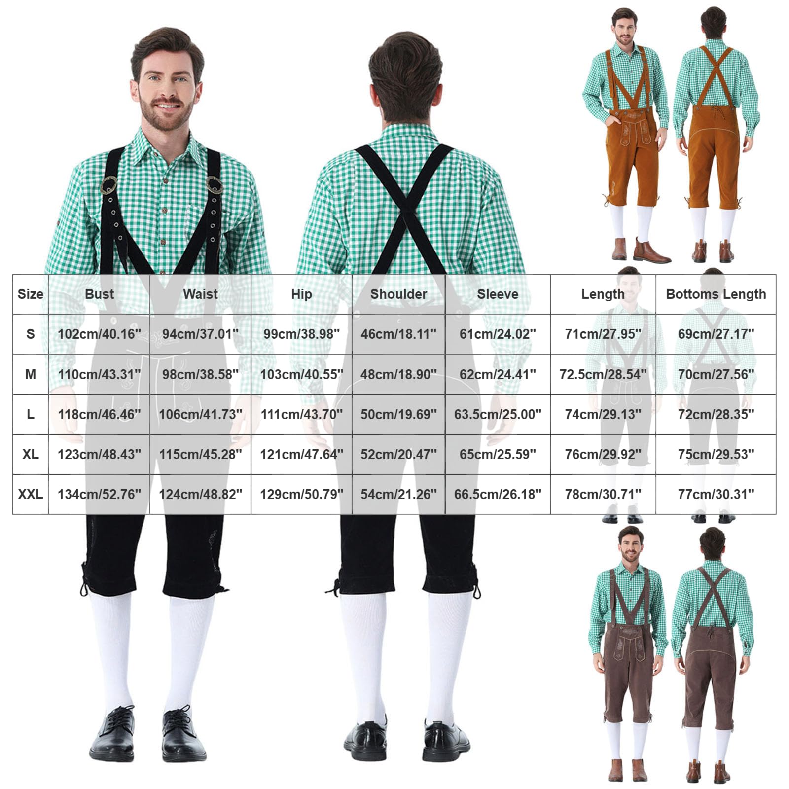 Generisch Oktoberfest Herren Outfit, traditionelles Bayerisches Hosenträgerhosen-Set mit klassischem Karohemd, komfortable Passform für langanhaltende Festnutzung und Rollenspiele