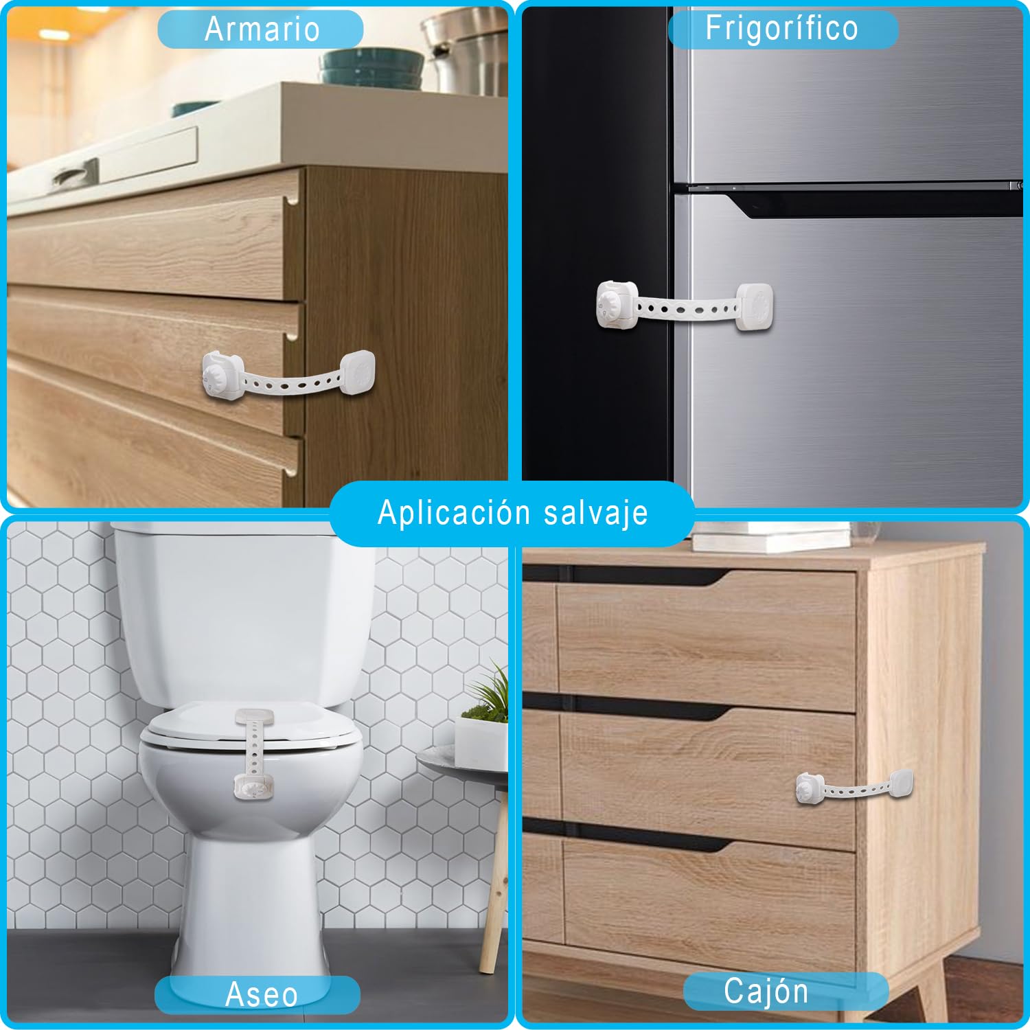 REDTRON Cerraduras de Seguridad para Niños, 6Pcs Bloqueo de Seguridad con Adhesivo de 3M, Cerraduras a Prueba de Bebé para Gabinetes, Cajones, Neveras(Blanco, No se necesita usar taladros)