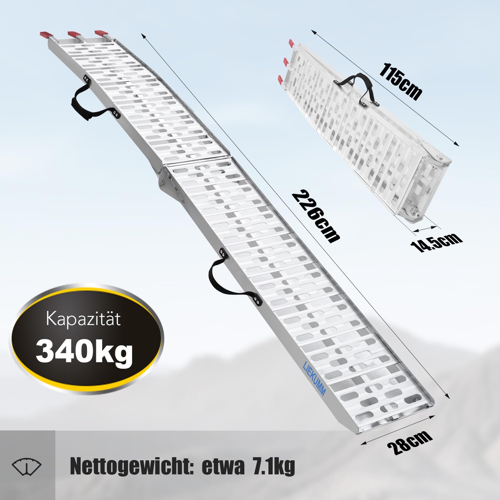 LIEKUMM 228 cm składana rampa Alimunium do SUV, motocykla, ciężarówki, załadunku, nośności 340 kg