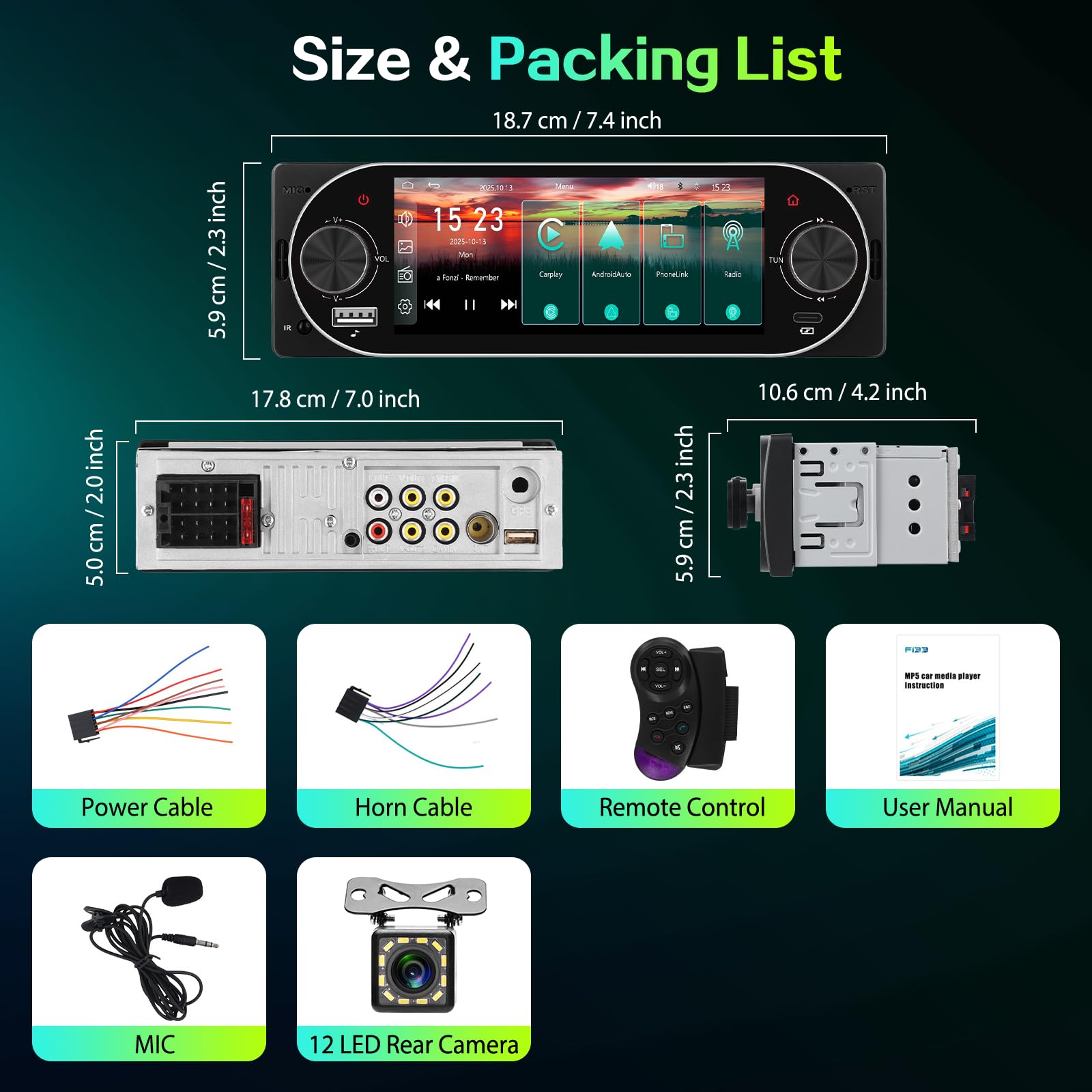 Hodozzy 1 Din Autoradio avec CarPlay/Android Auto sans Fil, Poste Radio Voiture Bluetooth Mains Libres 6,86 Pouces IPS Tactile écran Single DIN MirrorLink FM/EQ/AUX/USB/SWC/Type-C avec Caméra