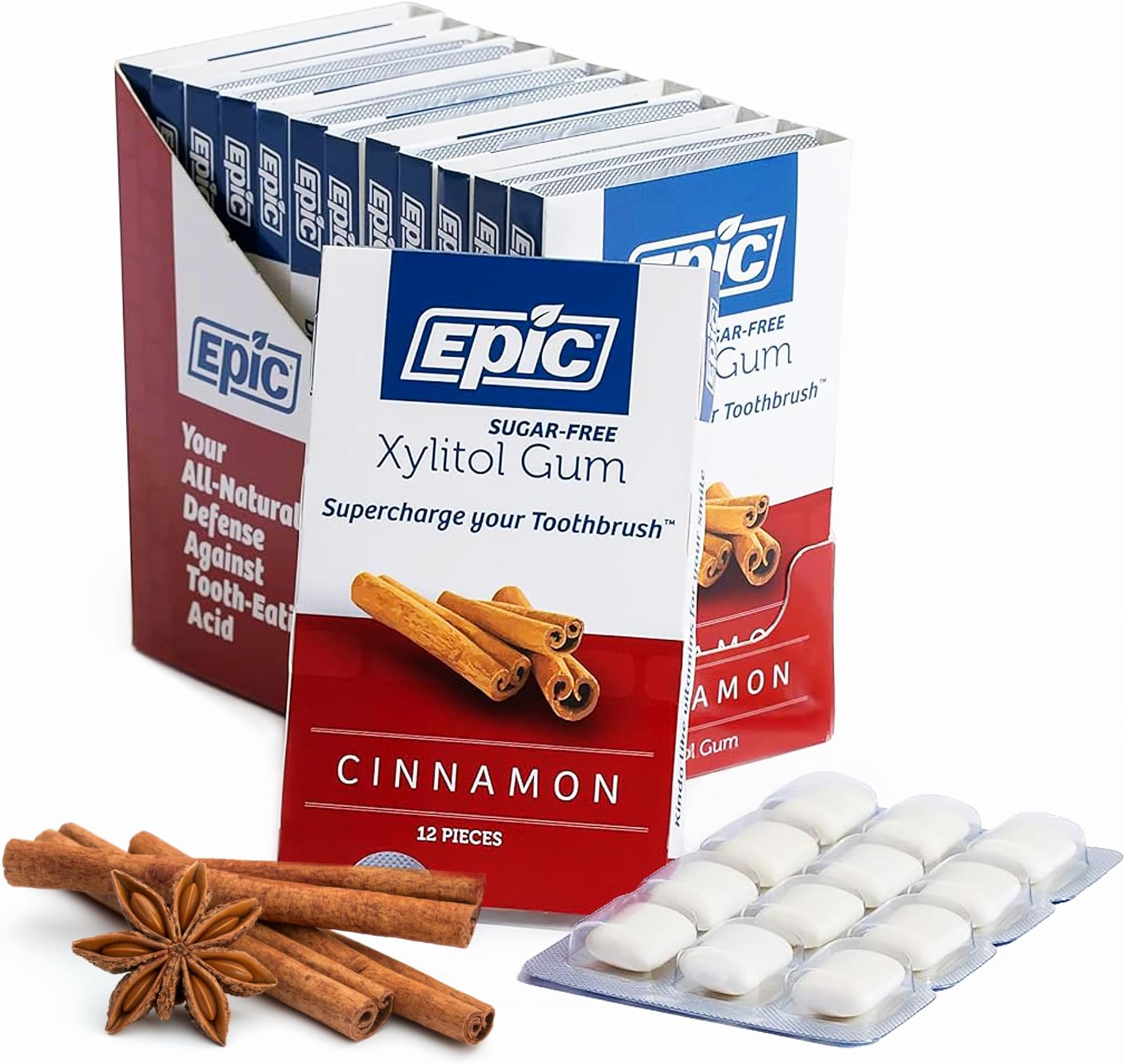 100% Xylitol Cinnamon Chewing Gum - Sugar Free, Aspartame Free Dental Gum - Supports Oral Health & Fresh Breath - 12 Pieces (Pack of 12)